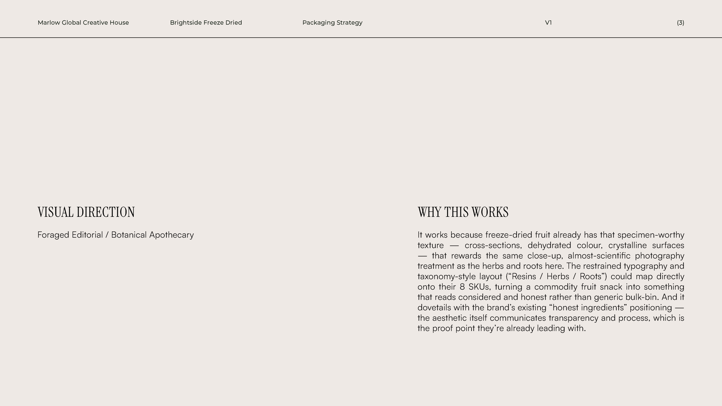 A webpage layout with sections titled 'Visual Direction' and 'Why This Works', describing freeze-dried fruit packaging strategy, featuring text about cross-sections, dehydrated color, and scientific photography, on a light beige background.