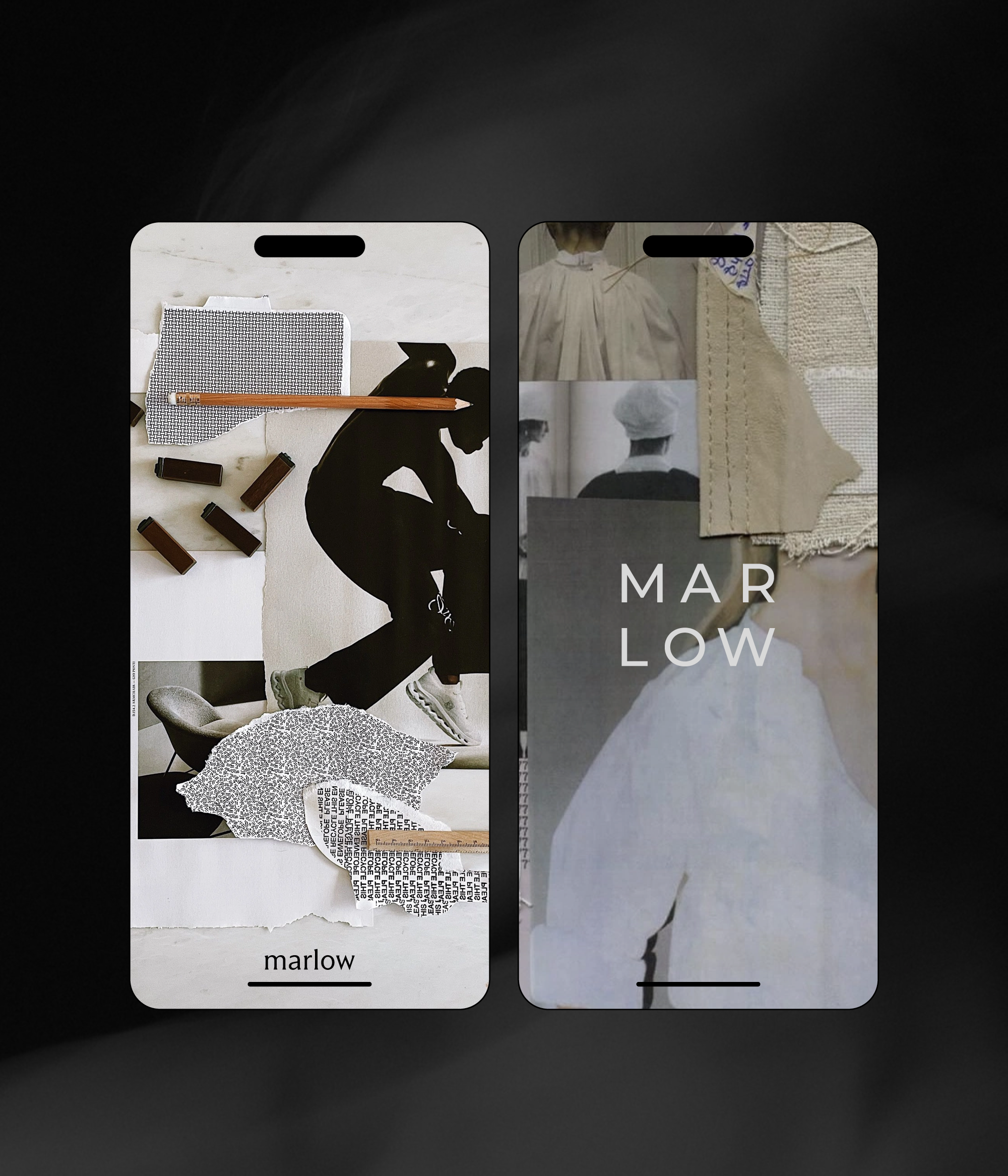 Two mobile phone screens displaying different images: the left shows a silhouetted man sitting with various objects around him on a white background, and the right shows collage of vintage black-and-white photographs of chefs and a fabric sample with