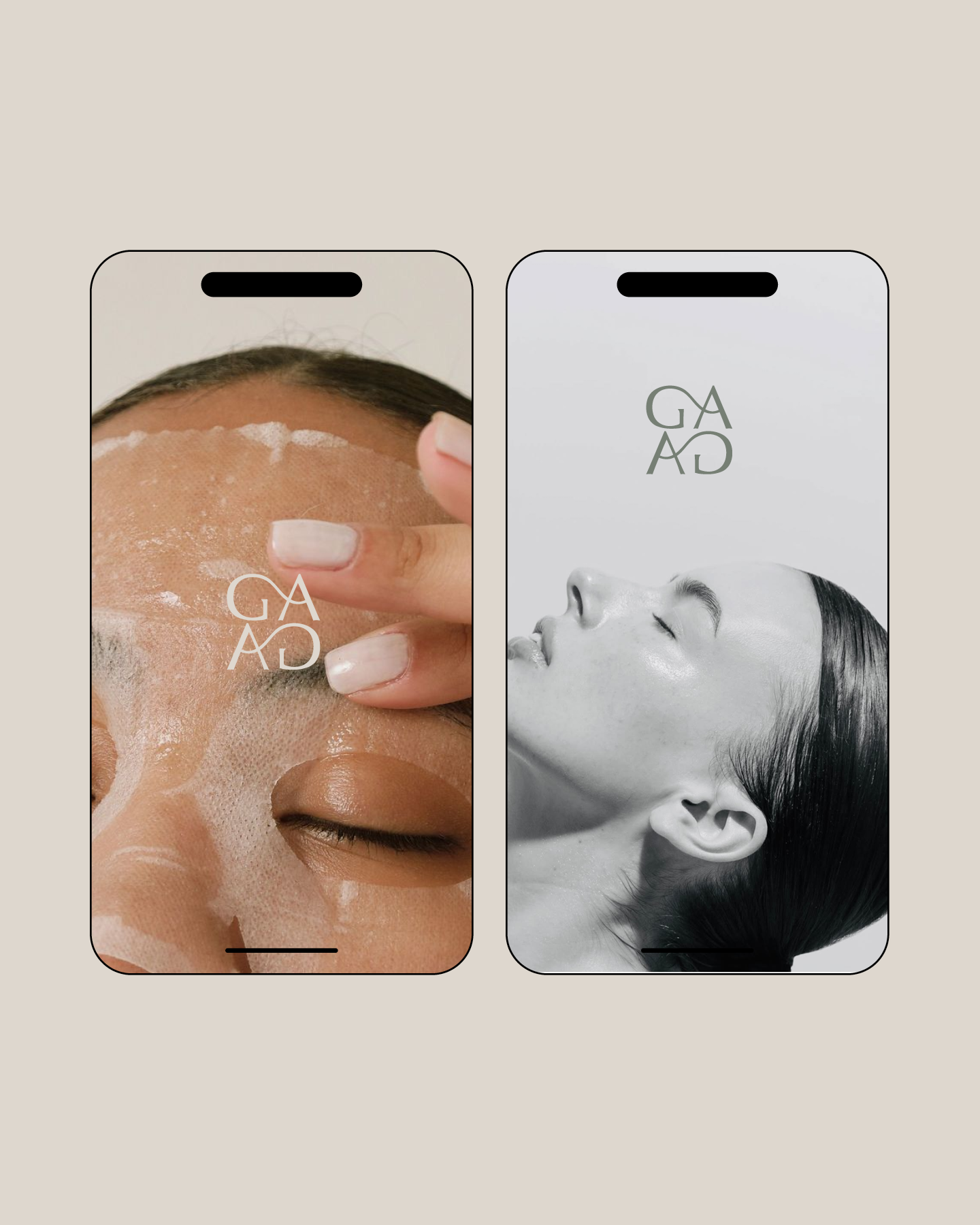 Two smartphones displaying images related to skincare and beauty. The left phone has a skincare treatment with a person having their face covered in a facial mask or peel, with their eyes closed and a hand applying or adjusting the mask. The right ph