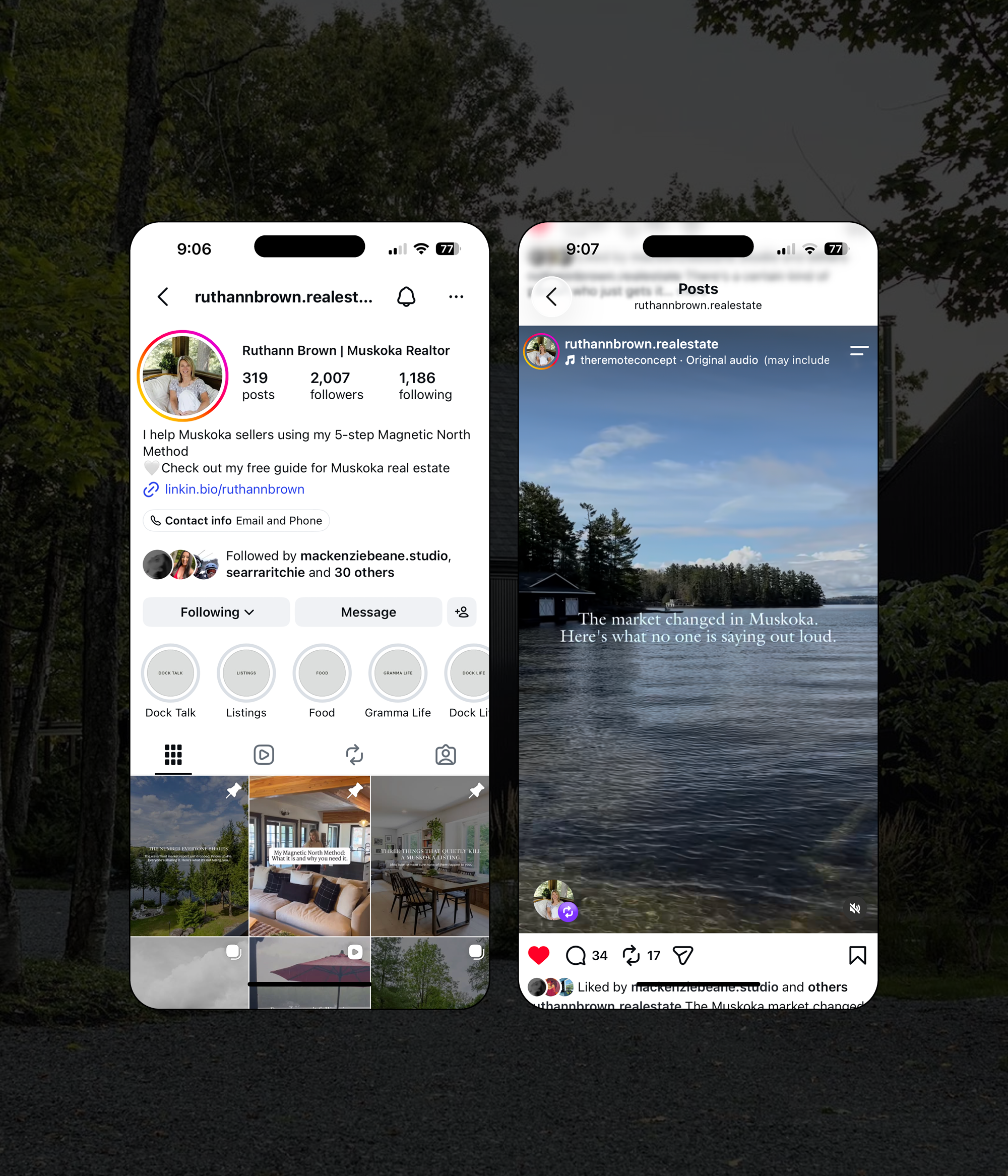 Screenshots of a social media profile and post of Ruthann Brown, a Muskoka realtor, showing her profile picture, bio, and recent posts, with a lakeside background.