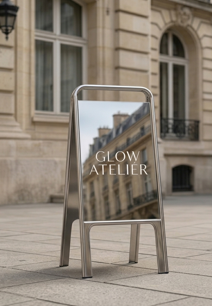 A sidewalk signboard with a reflective surface displaying the words 'GLOW ATELIER' in front of a historic building with large windows and ornate architecture.