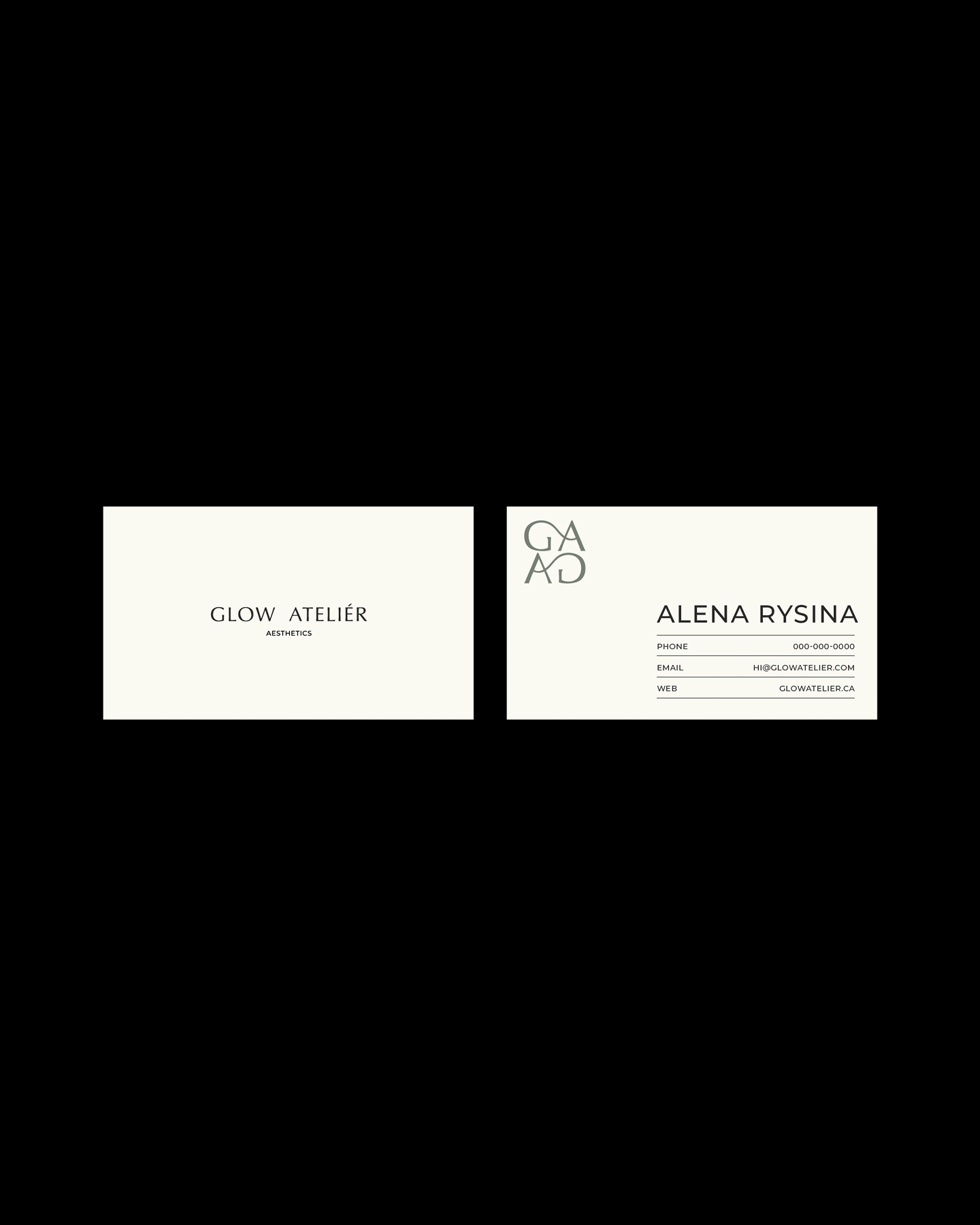 Business cards for Glow Atelier and Alena Rysina, with contact information and logo