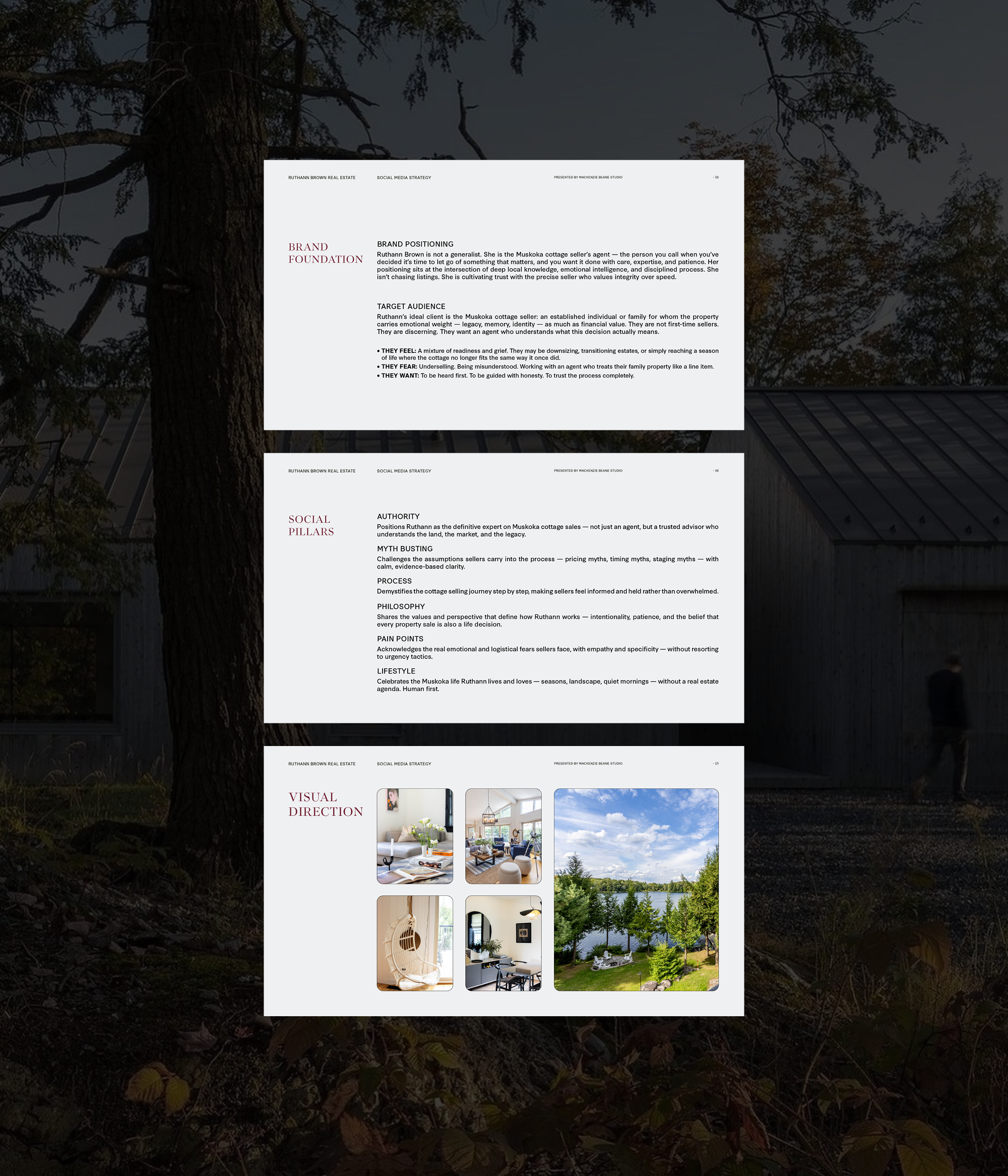 Screenshot of a real estate or interior design presentation slide with sections on brand foundation, social pillars, visual direction, and images of interior spaces and outdoor scenery.