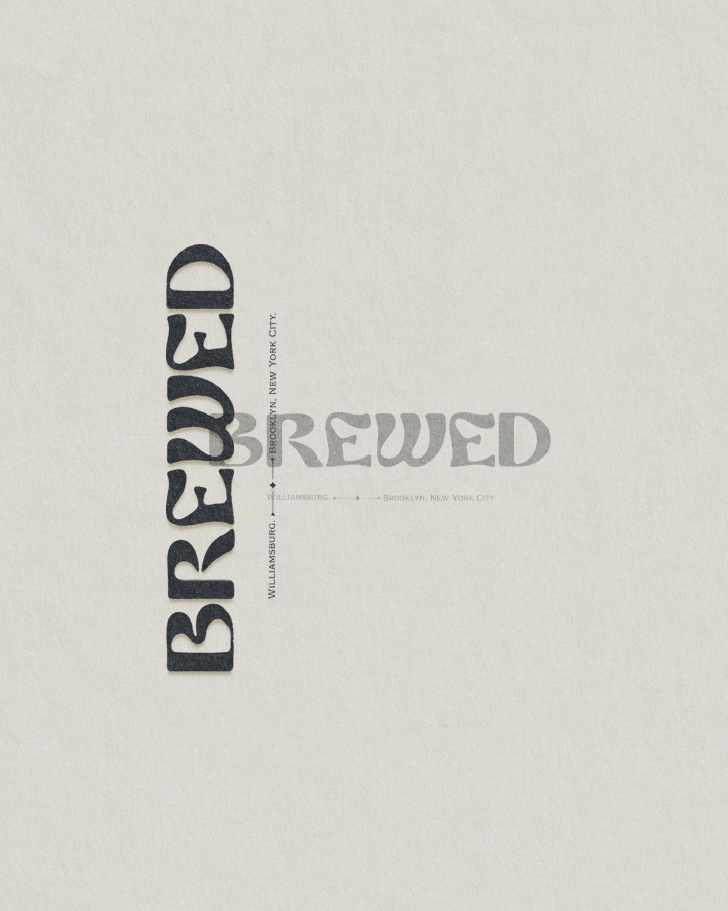 Close-up of a printed design featuring the words 'BREWED' in large uppercase letters with smaller text above listing various Brooklyn, New York City neighborhoods, on textured off-white paper.