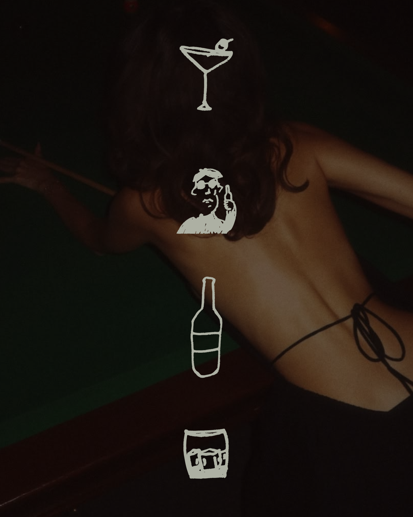 A topless woman with long dark hair lying face down on a green surface, with illustrations of a martini glass, a woman holding a bottle, and a beverage glass superimposed over her.
