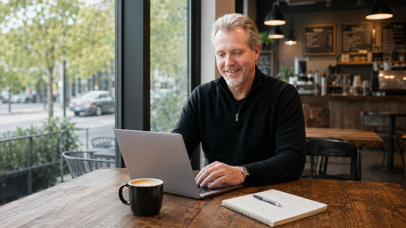 A man sitting at a wooden table in a coffee shop, working on a laptop, with a coffee mug, notepad, and pen, inside a cozy café with large windows showing trees and parked cars outside.