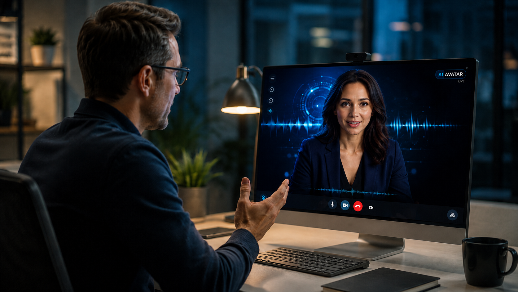 Man having a video call with a woman on a computer in a dimly lit office.