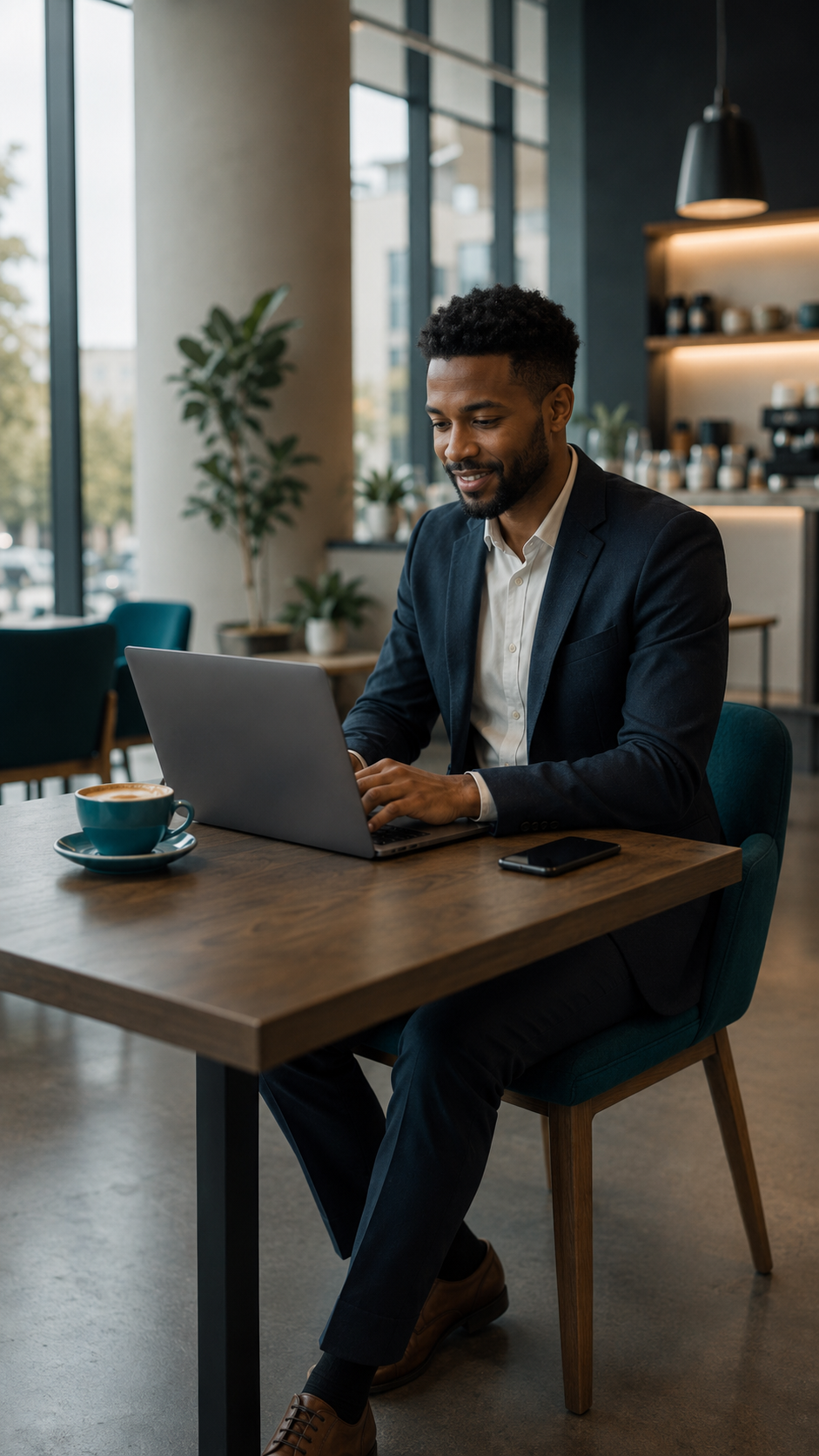 A man in a suit working on a laptop at a cafe, with a cup of coffee and a smartphone on the table.