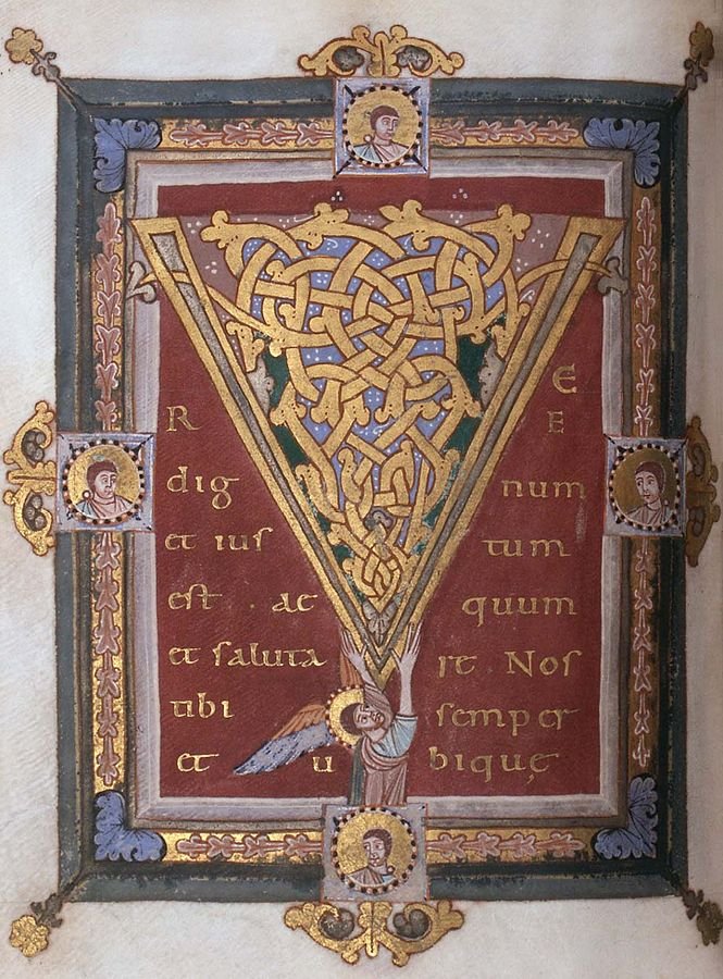 Tyniec Sacramentary: Initial "V" (before 1059); ink and color on parchment (28.5 cm H x 22.5 cm W) folio 234. Artist Unknown (Colognian scriptorium). National Library of Poland, Warsaw.