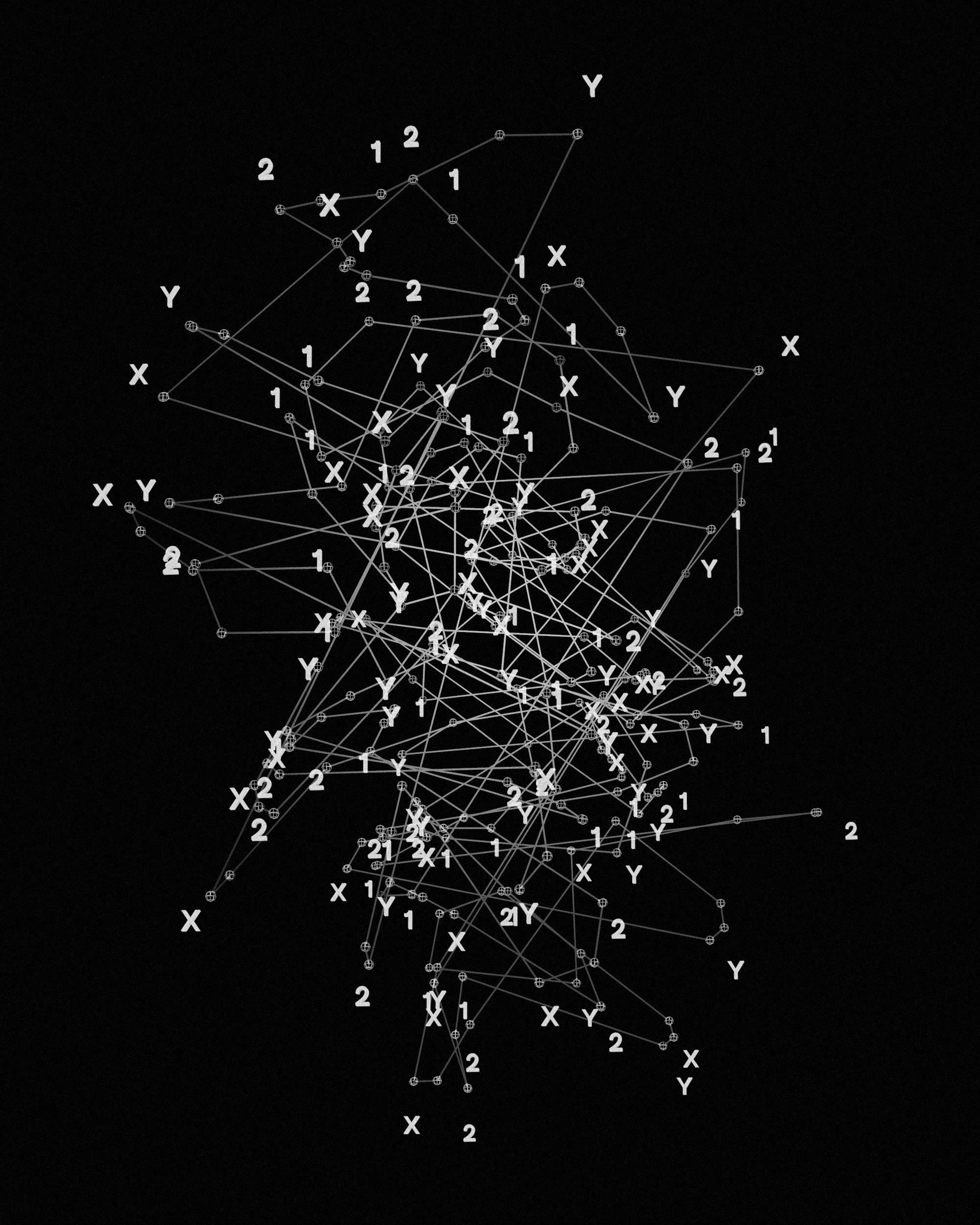A complex 3D wireframe geometric diagram on a black background, with intersecting lines, numbered points, and labels such as X and Y.
