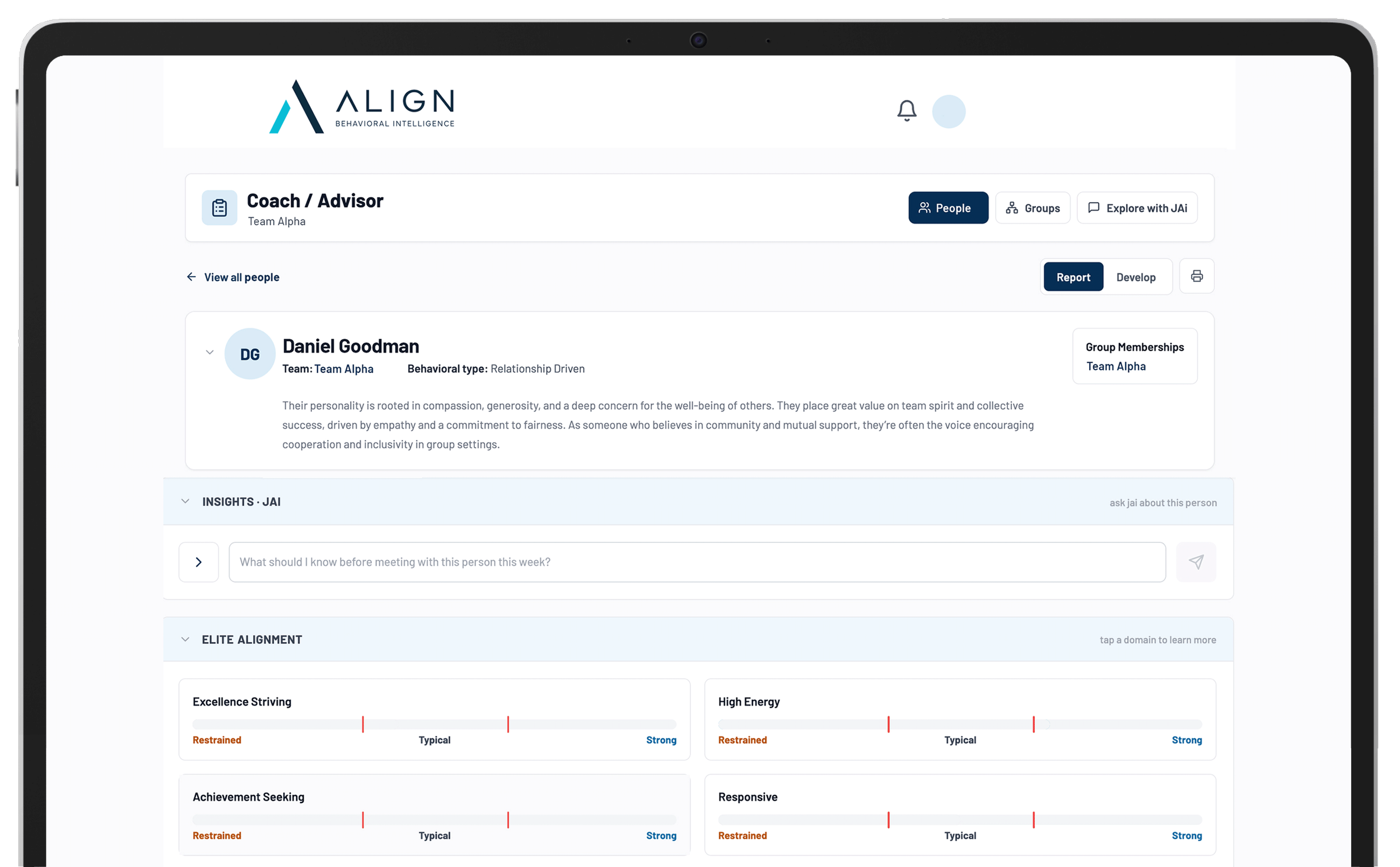 Screenshot of a digital platform or app interface titled ALIGN Behavioral Intelligence. It displays a profile for a person named Daniel Goodman, including personal qualities and traits related to alignment and personality assessments. The interface includes navigation options such as 'People,' 'Groups,' and 'Explore with JAi,' and features sections for insights, traits, and domain ratings.