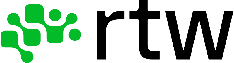 Green abstract logo next to black lowercase letters 'rtw'.