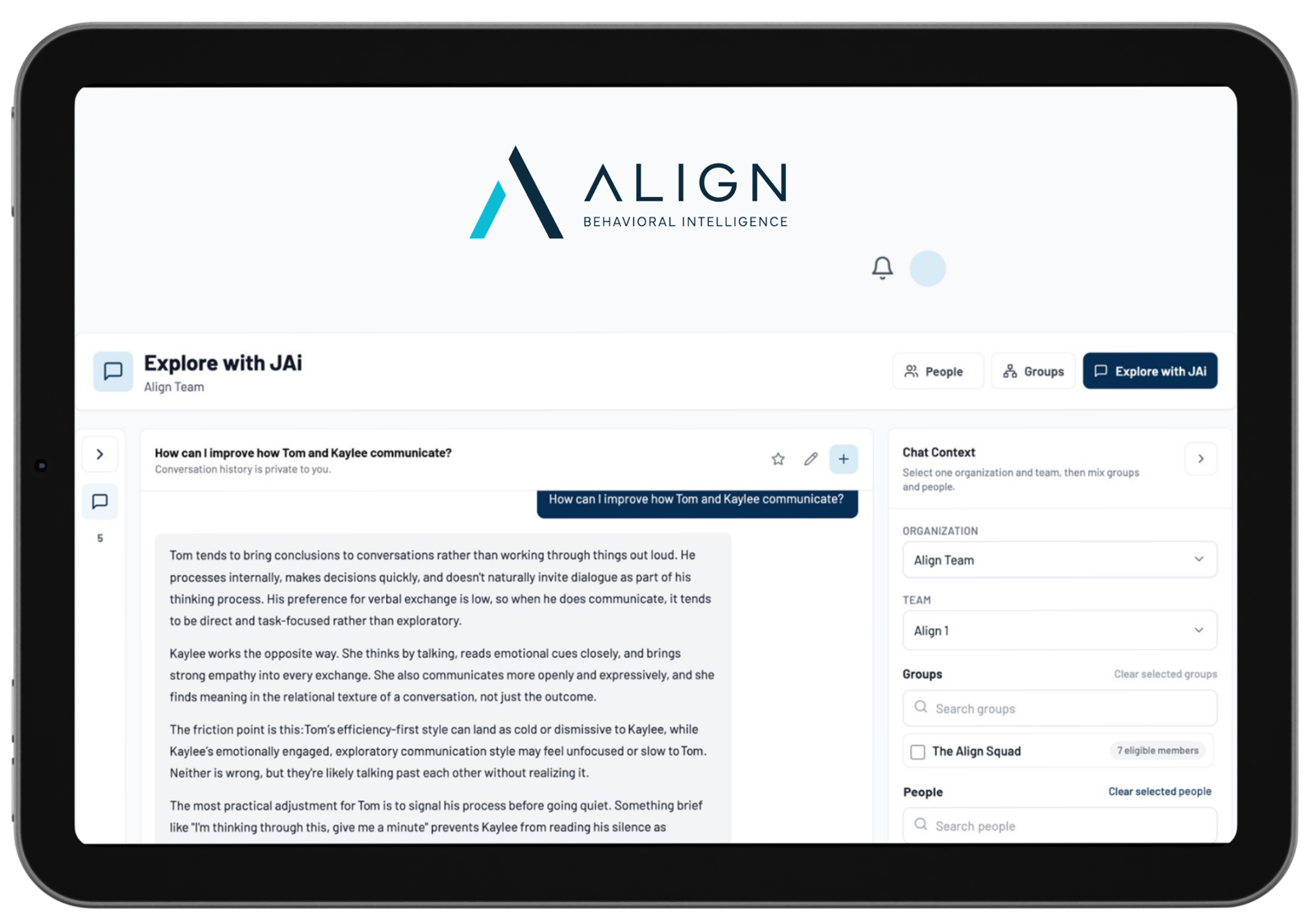 A tablet displaying a team collaboration software dashboard for Align, focused on improving communication. The screen shows a discussion titled 'How can I improve how Tom and Kaylee communicate?' with detailed text analysis. On the right, there are options to select organizational groups, teams, and people.