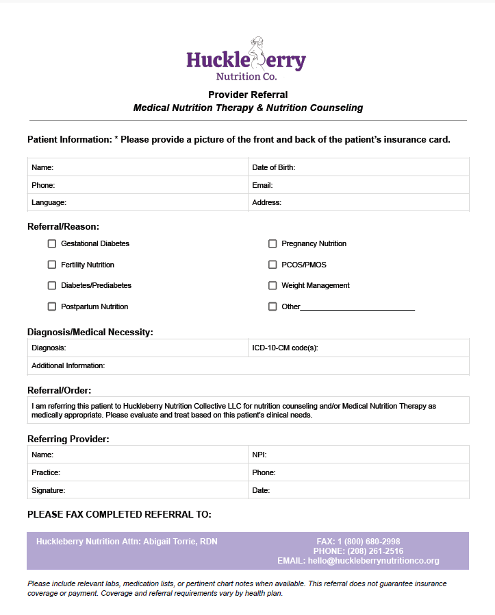Medical referral form from Huckleberry Nutrition Co. for clinical nutrition therapy, including patient information, referral reasons, diagnosis, provider details, and contact information.