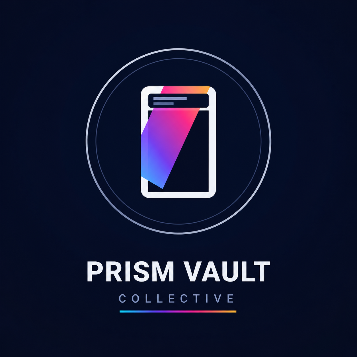 Logo of Prism Vault Collective with a smartphone illustration emitting a colorful prism-like light, set against a dark background.