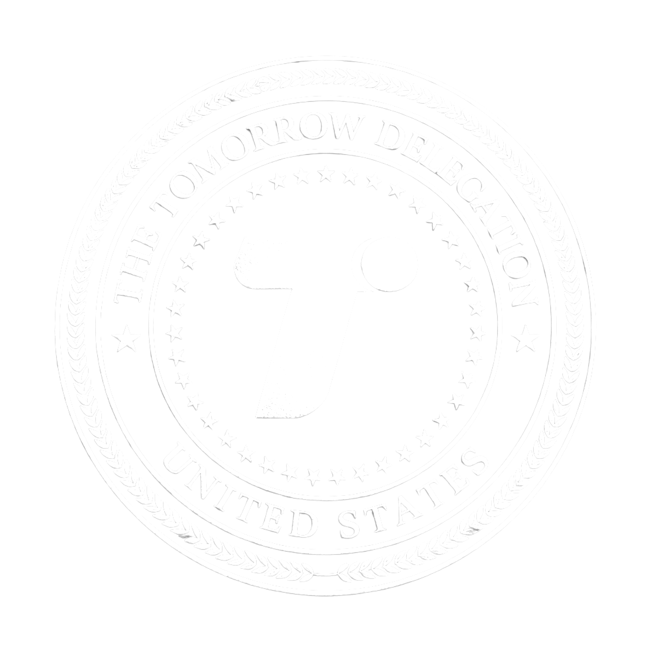 Close-up of a circular seal or badge with the text 'Tomorrow Del' and 'United States' around a central symbol, featuring stars and laurel leaves.