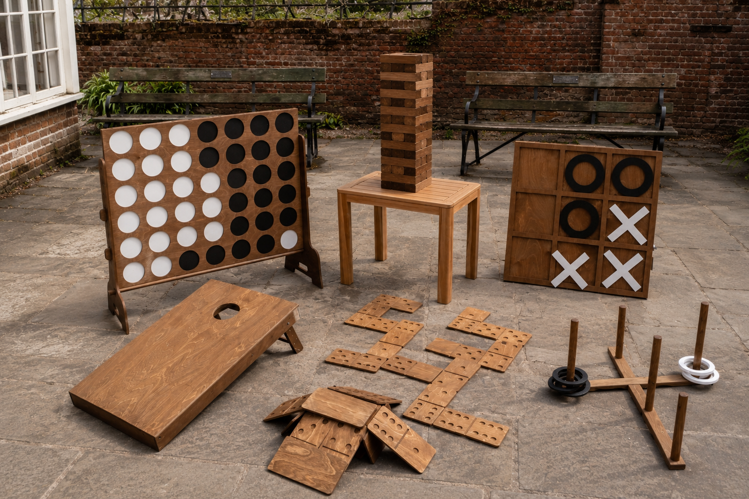 Luxury garden games including Giant Jenga, Giant Connect Four, Giant Cornhole, Giant ring toss, Giant dominos, Giant noughts & crosses and more for weddings, corporate events and private parties.