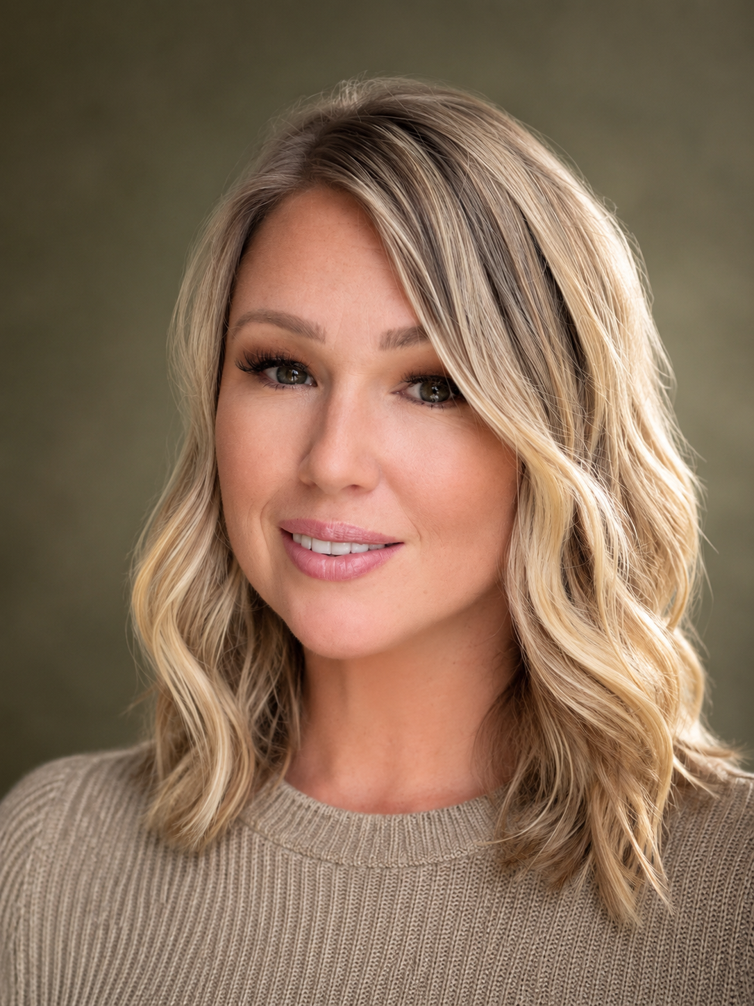 Close-up portrait of a woman with blonde wavy hair, wearing a beige sweater, smiling softly, against a blurred greenish background.