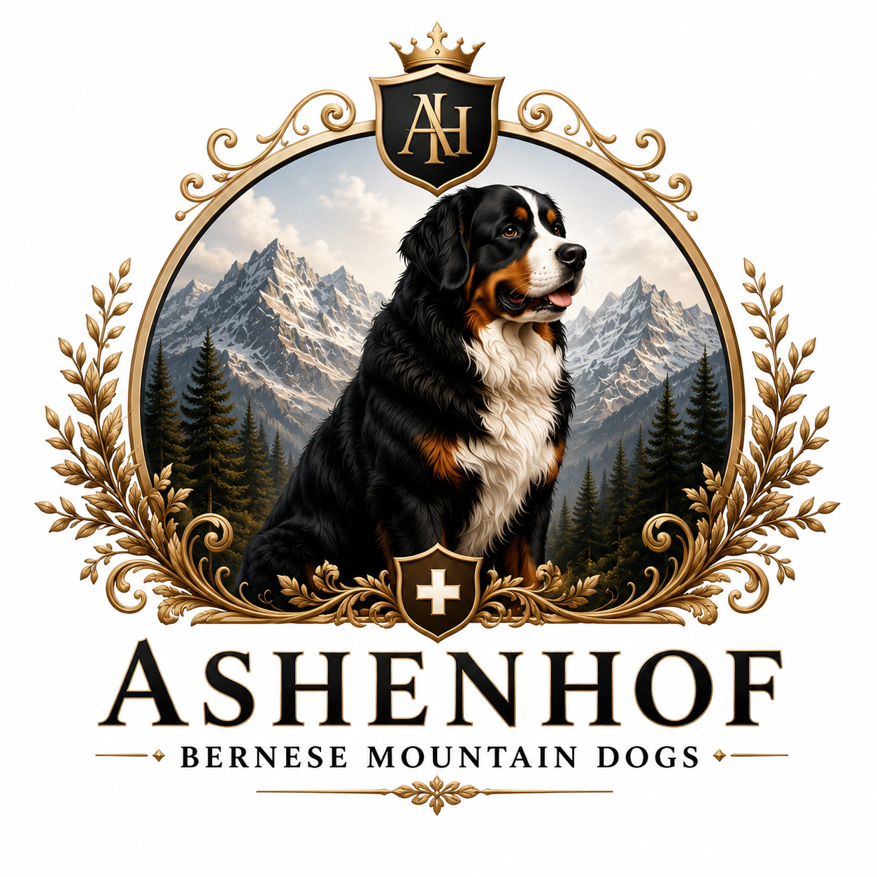 Logo featuring a Bernese Mountain Dog sitting in front of a mountain landscape, enclosed by ornate gold leaves and a shield with a cross and the initials 'A H' topped with a crown, with the text 'ASHENHOF Bernese Mountain Dogs'.