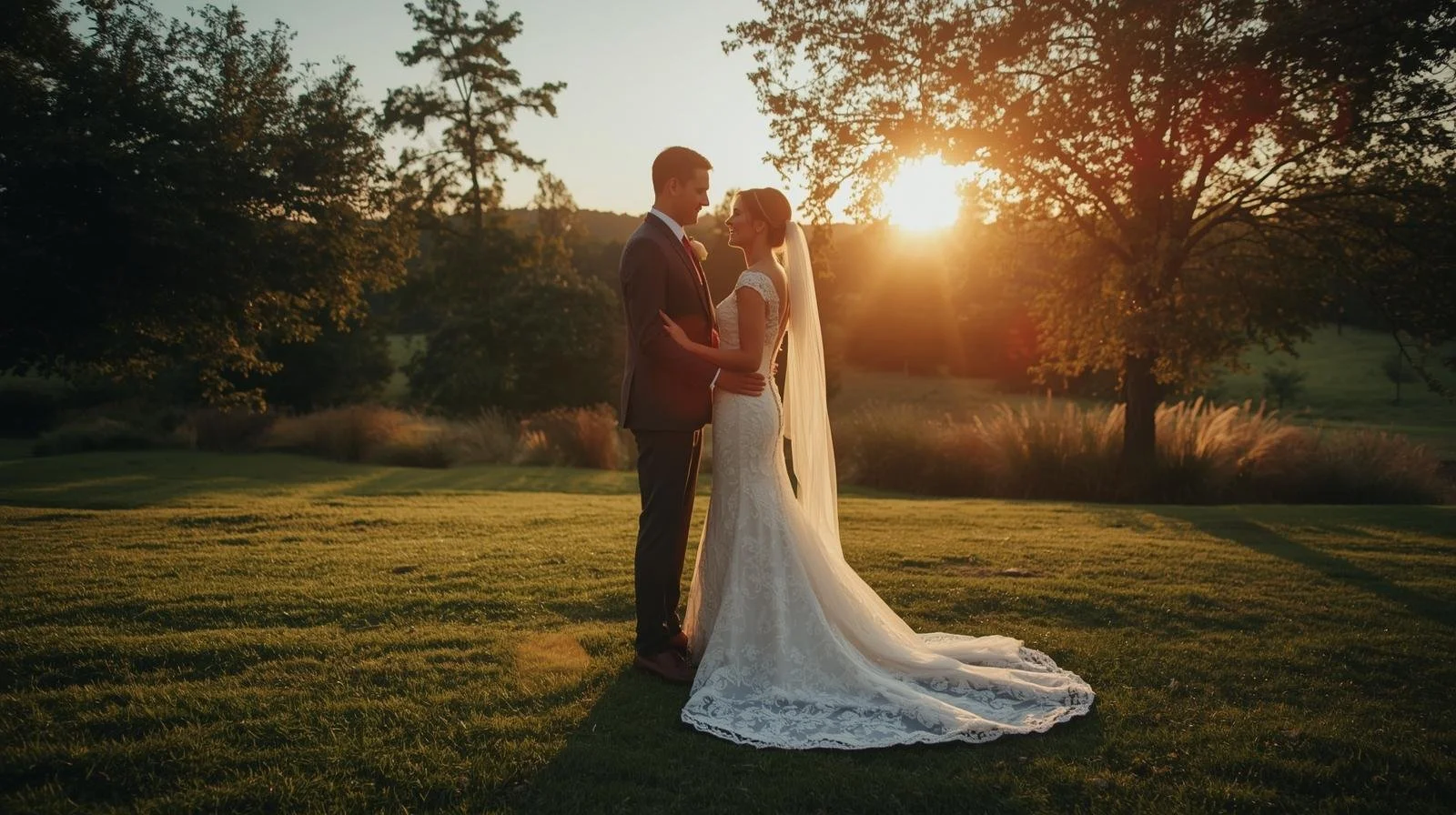 A bride and groom standing close together on a grassy field at sunset, holding each other and smiling. The bride is in a white lace wedding dress with a long train and veil, and the groom is wearing a dark suit. Trees are in the background with the sun setting behind them.