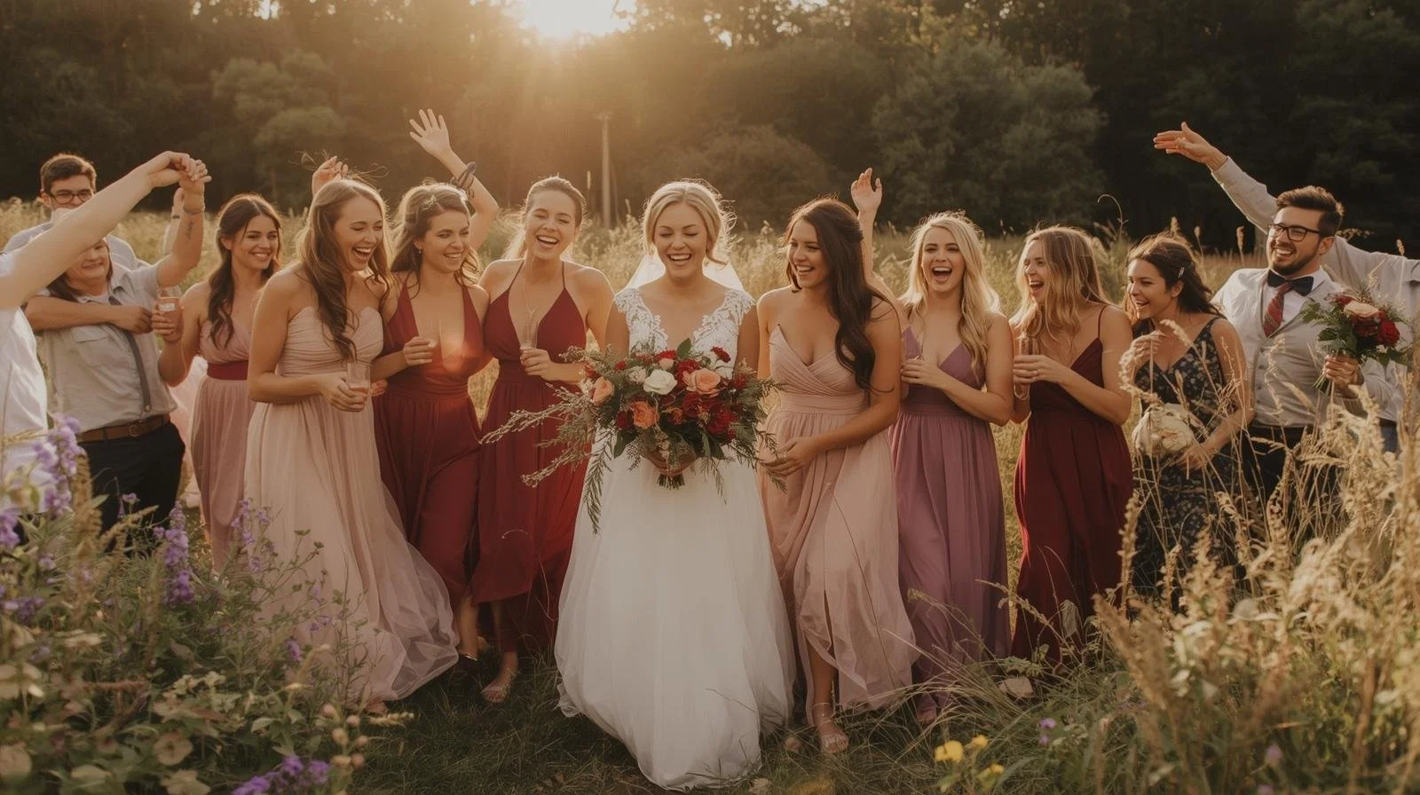 A group of people celebrating a wedding outdoors at sunset, with women in colorful bridesmaid dresses and the bride in a white gown holding a bouquet. The guests are smiling, laughing, and raising their hands in joy.