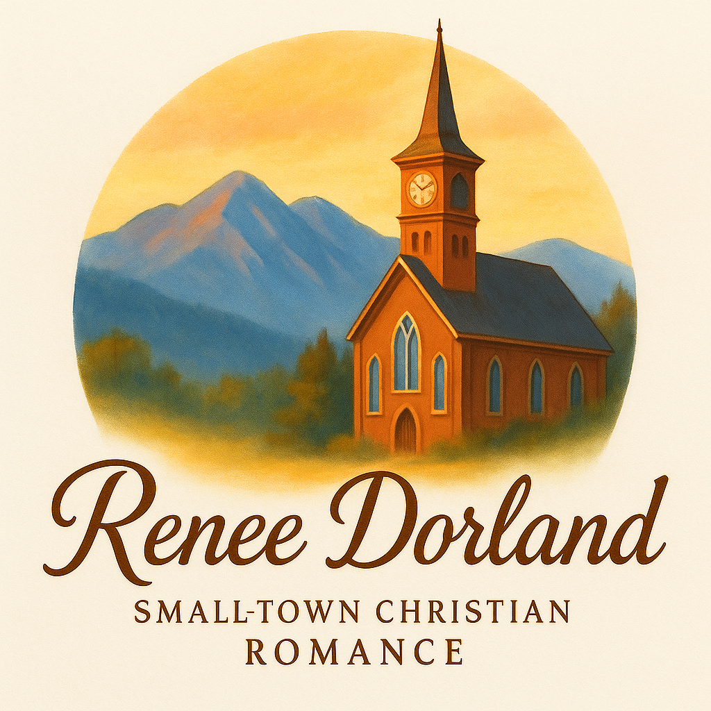 Renee Dorland Logo Illustration of a small church with a tall steeple, mountains in the background, and a warm, glowing sky.
