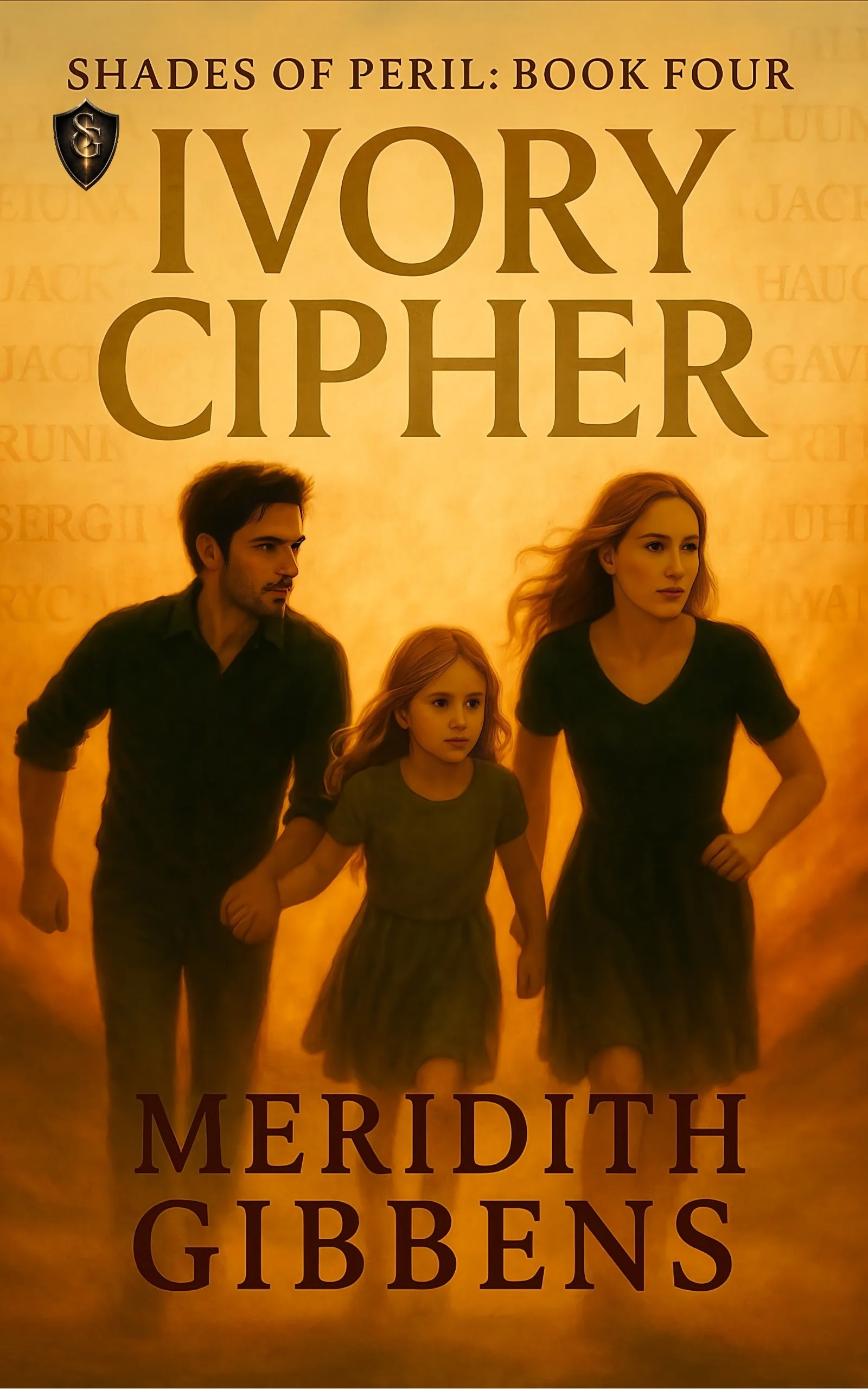 Cover of the book Ivory Cipher,  Shades of Peril: Book Four  by Meredith Gibbons, featuring a man, woman, and young girl running from danger against a yellow background with faded random text fragments.