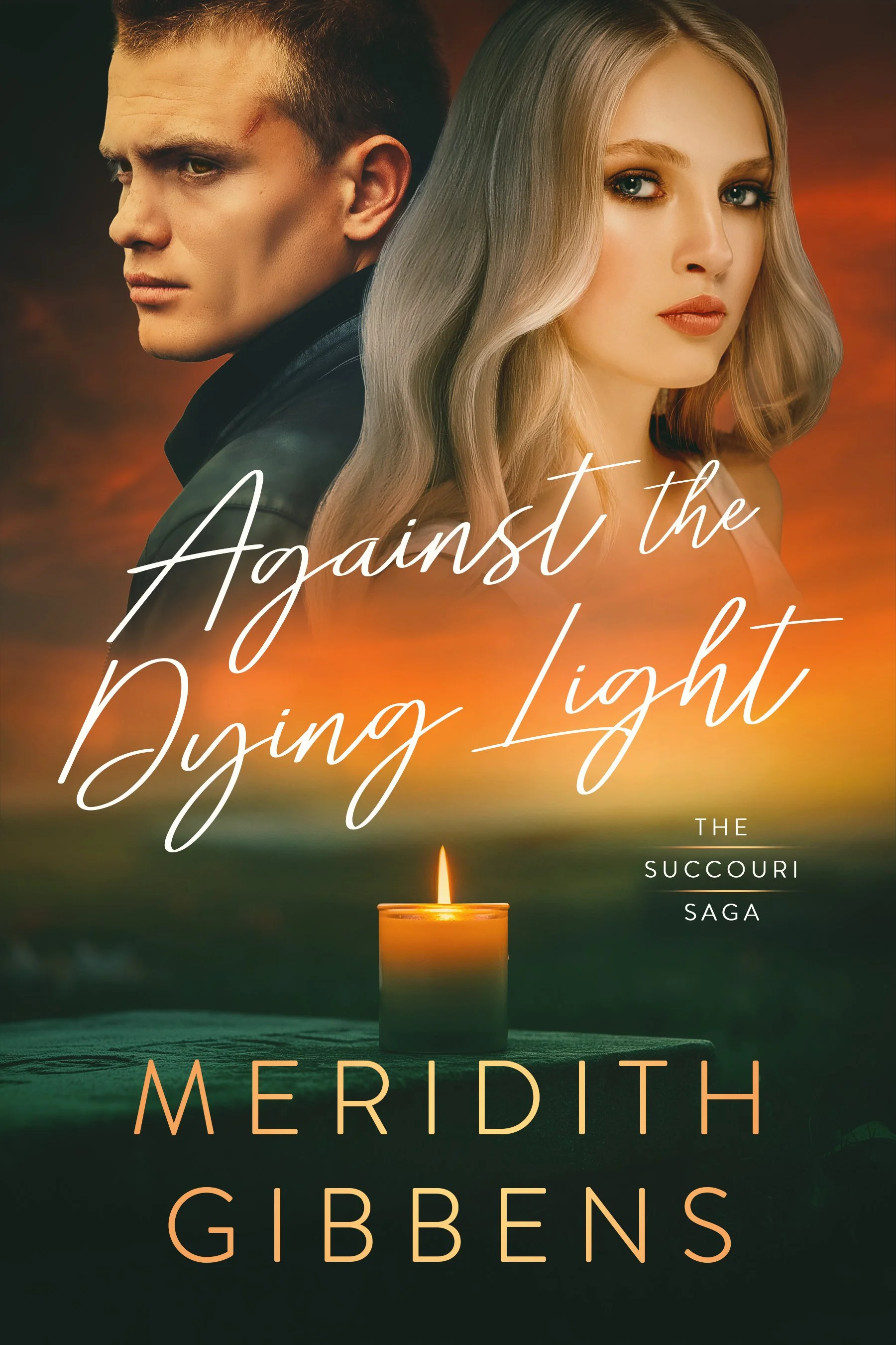 Book cover for 'Against the Dying  Light' by Meredith Gibbons. Features a man and woman with serious expressions, candle in foreground, sunset background.
