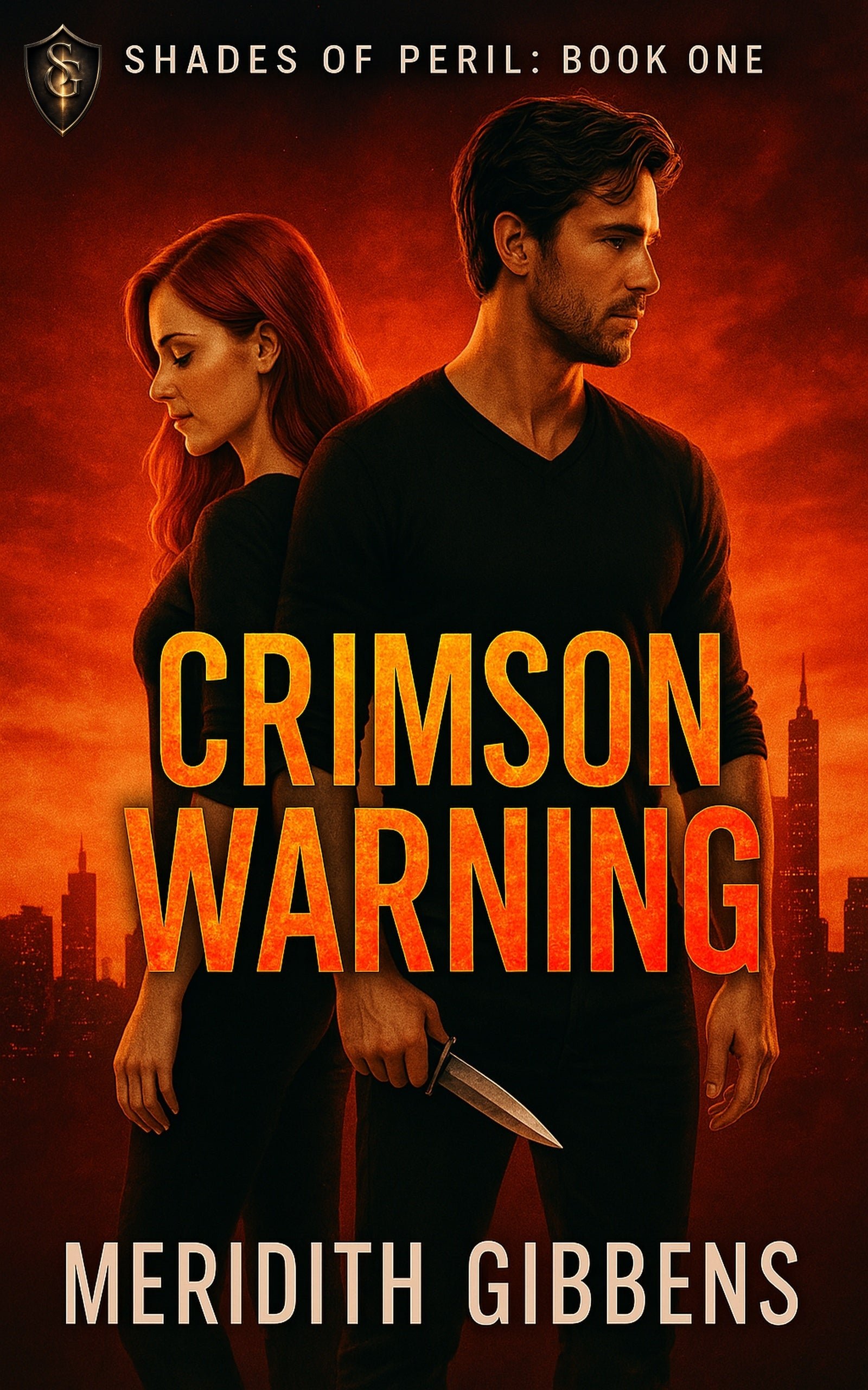 Book cover for 'Crimson Warning' by Meredith Gibbens showing a man and woman back-to-back against an orange-red city skyline at sunset. The man holds a knife, and the woman has red hair.