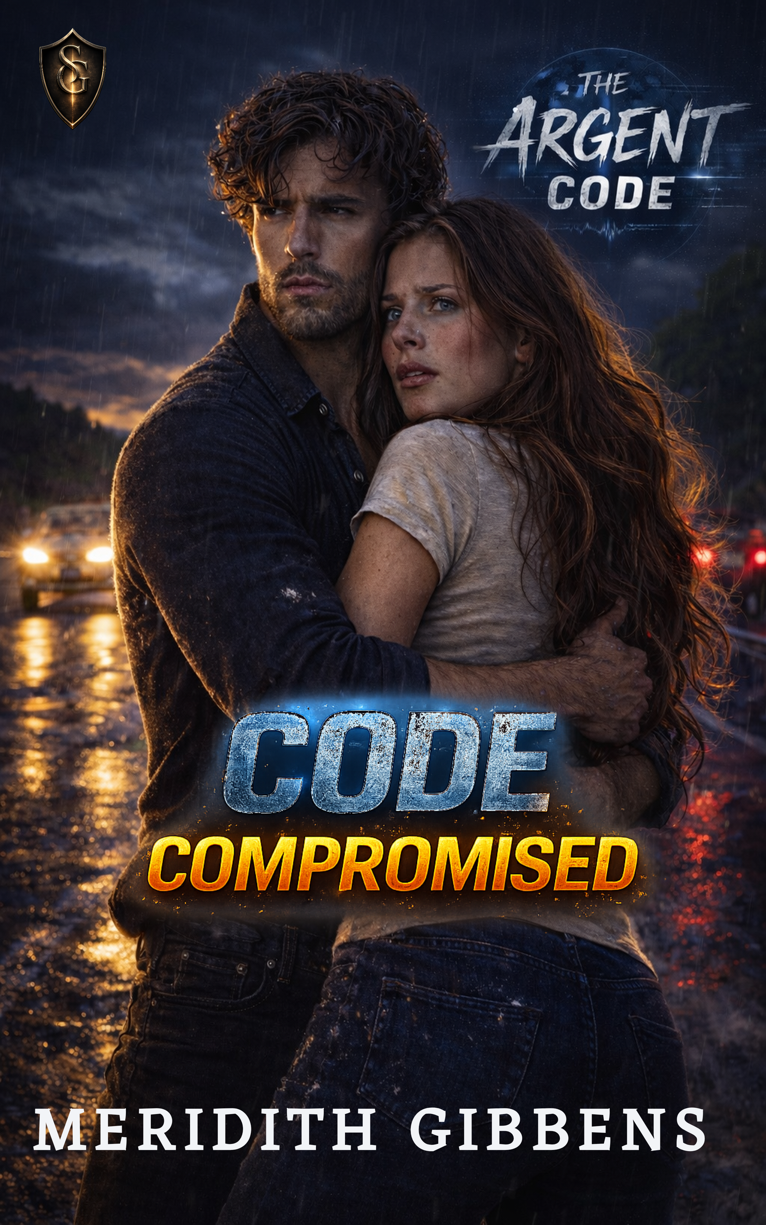 Book cover titled "The Argent Code: Code Compromised" by Meridith Gibbons. Features a man and woman embracing in the rain, with a stormy sky and car headlights in the background.