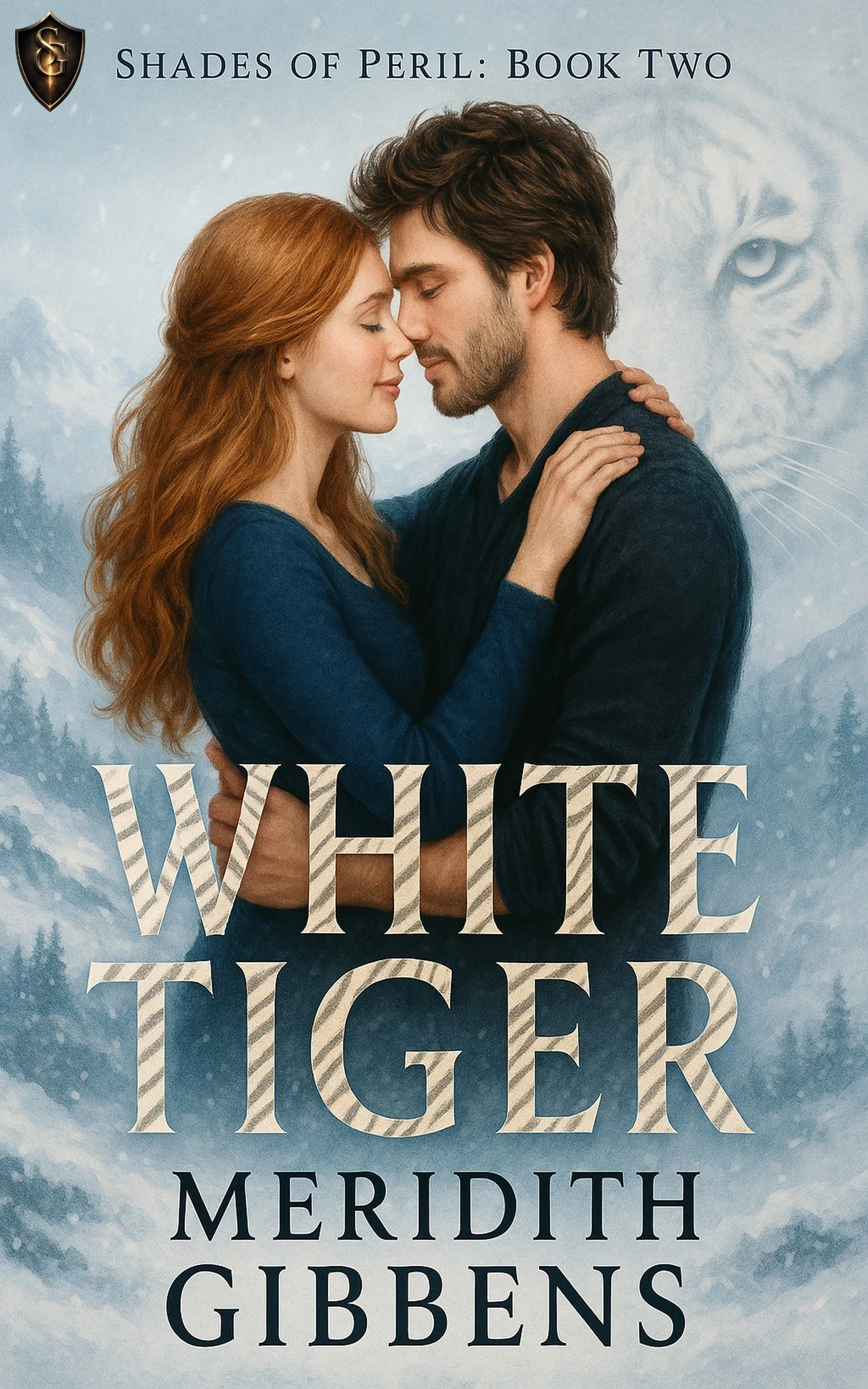 Book cover for "White Tigger" by Meredith Gibbons featuring a man and woman embracing with eyes closed, snowy mountain background, and a faint image of a tiger's face in the sky.