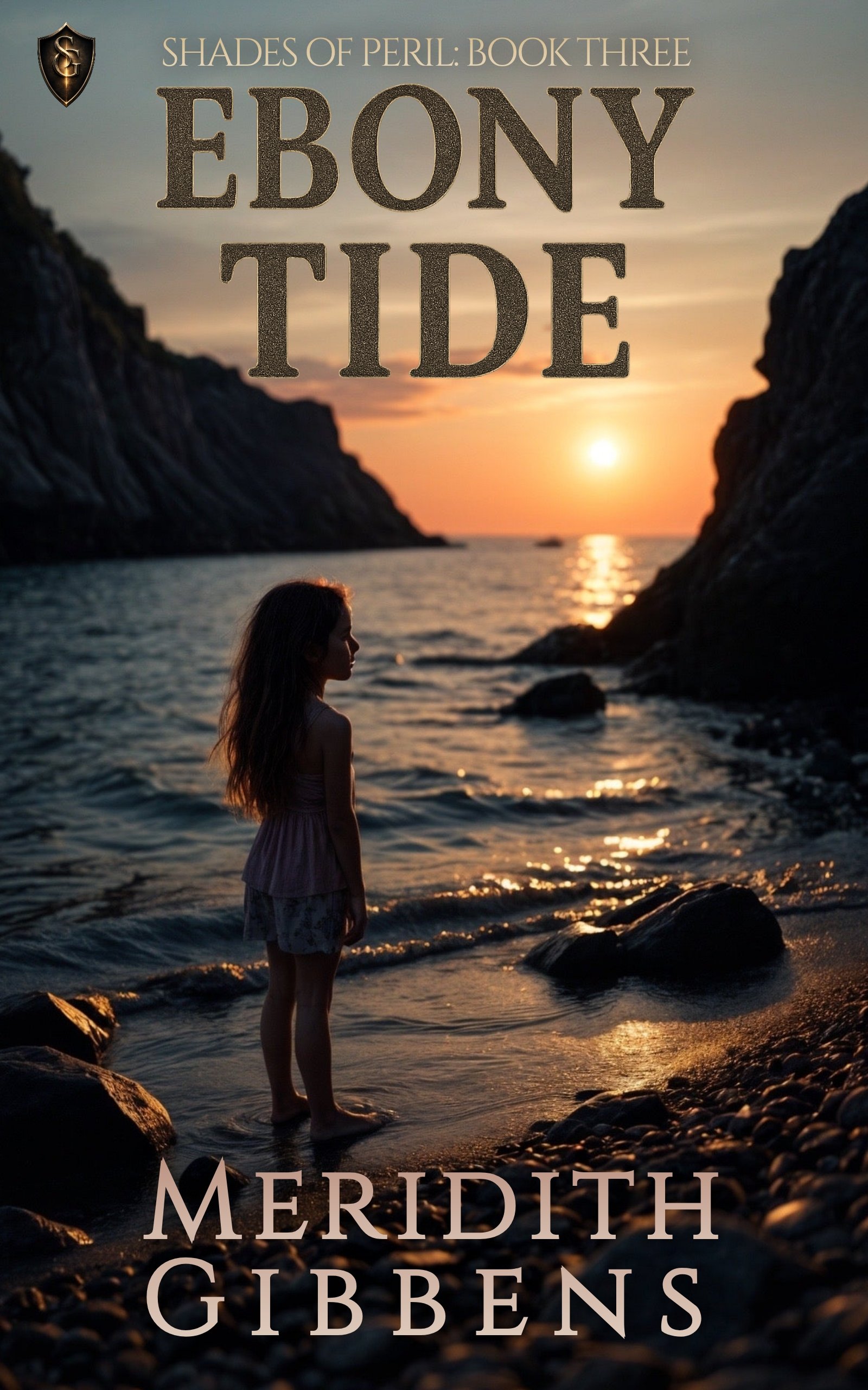 Book cover image for Ebony Tide, book three in the Shades of Peril series. A young girl stands on a rocky beach during sunset, facing the water with cliffs on either side, the sun near the horizon creating a warm glow.