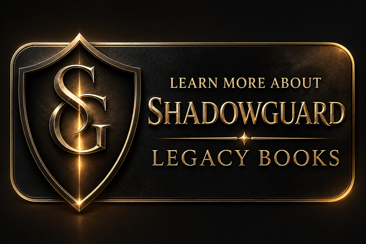 A sleek, dark background with a gold shield emblem featuring the stylized letters 'SG', with glowing effects, alongside text that reads 'Learn more about Shadowguard Legacy Books' in gold lettered font.