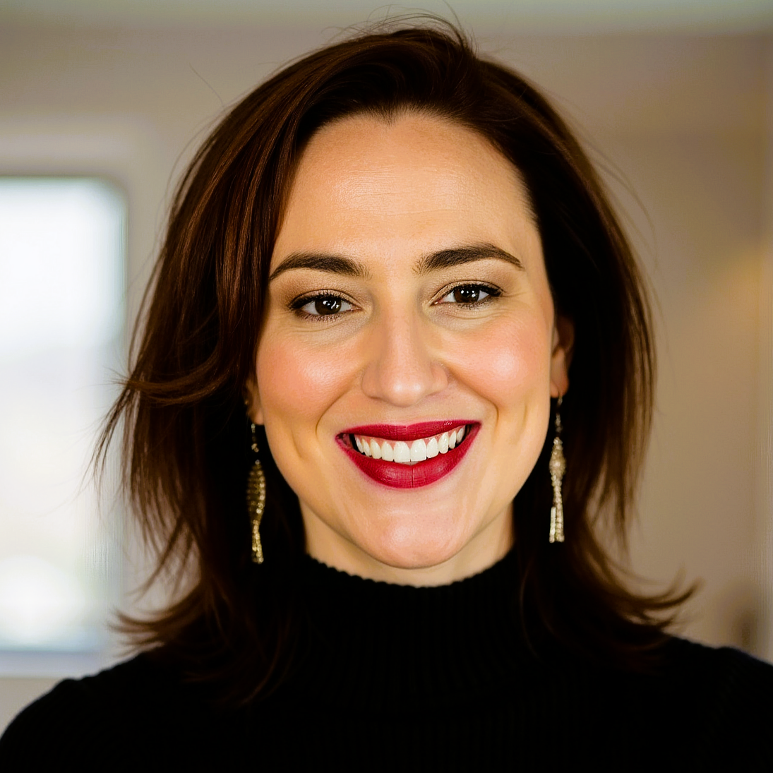 Close-up of a woman with shoulder-length brunette hair, wearing a black turtleneck and drop earrings, smiling brightly indoors.