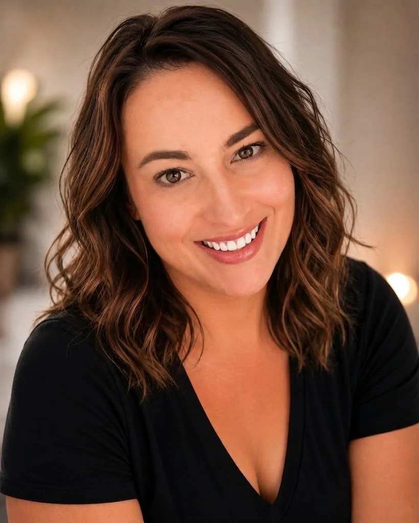 A woman with shoulder-length wavy brown hair, smiling, wearing a black top, in an indoor setting with blurred lights and plants in the background.