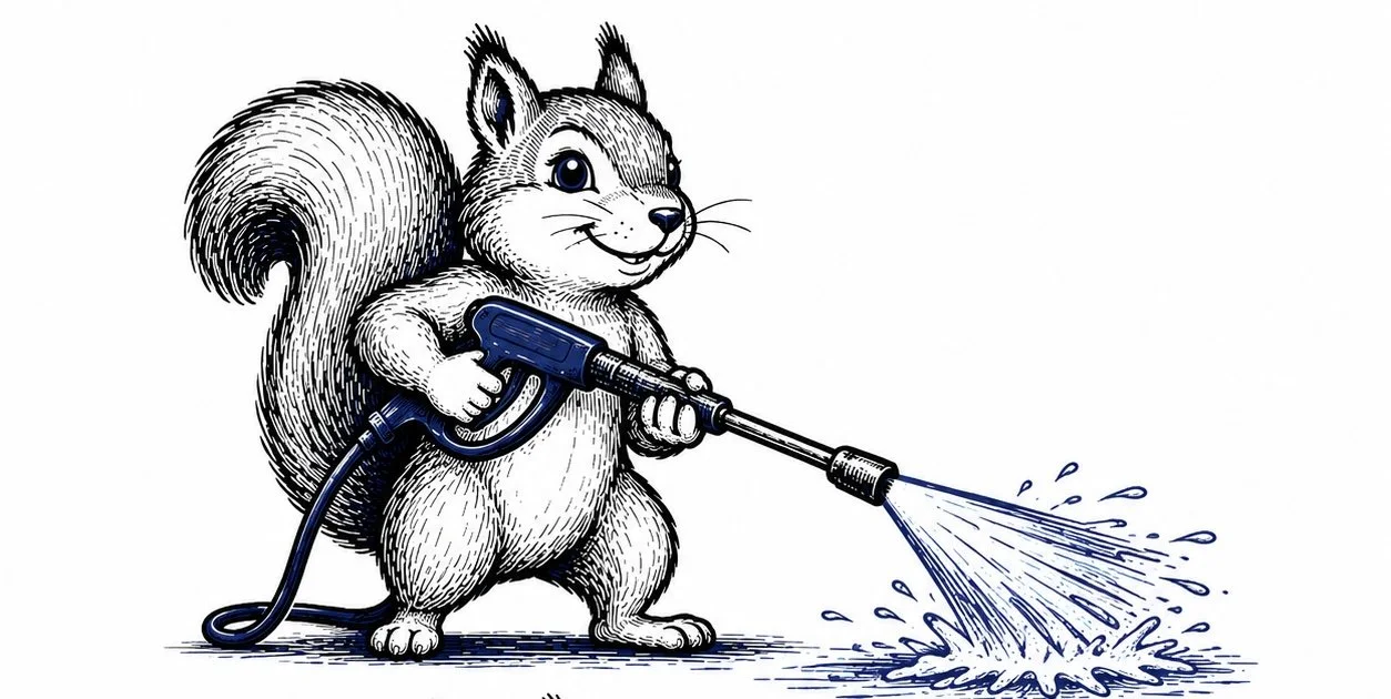 Illustration of a squirrel holding a pressure washer, spraying water.
