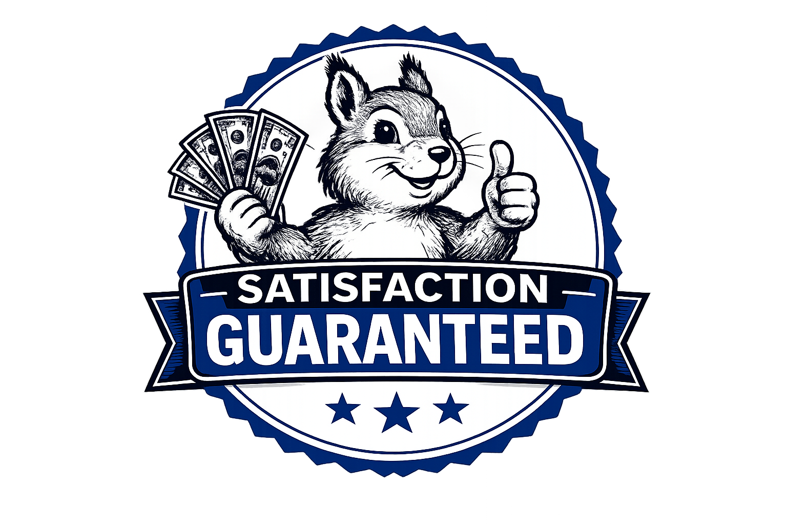 A cartoon mascot of a chipmunk holding bills of money and giving a thumbs up. Beneath the mascot, a banner reads 'Satisfaction Guaranteed' with three stars below.