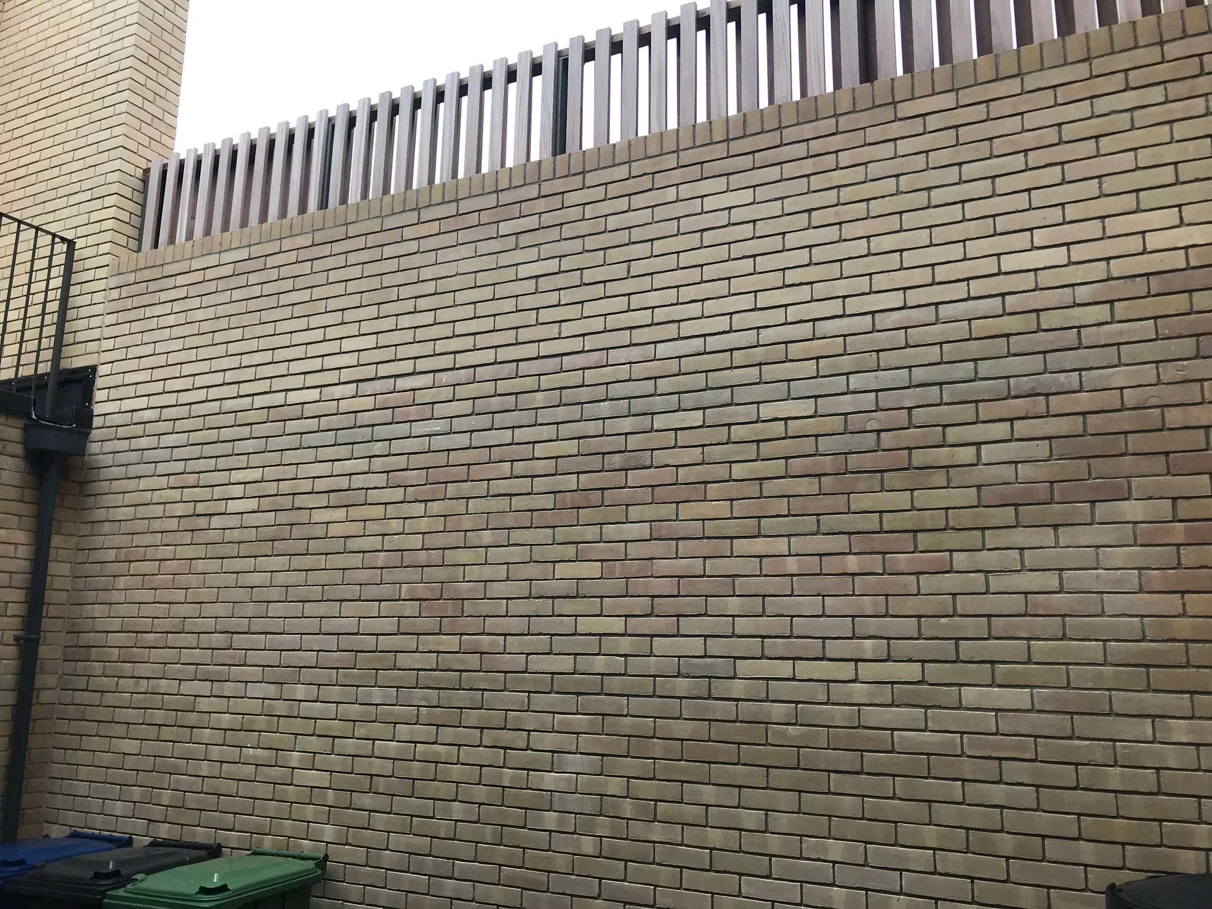 A before picture of a courtyard brick wall with yellowish bricks, topped with a wooden fence, and a gray sky in the background.