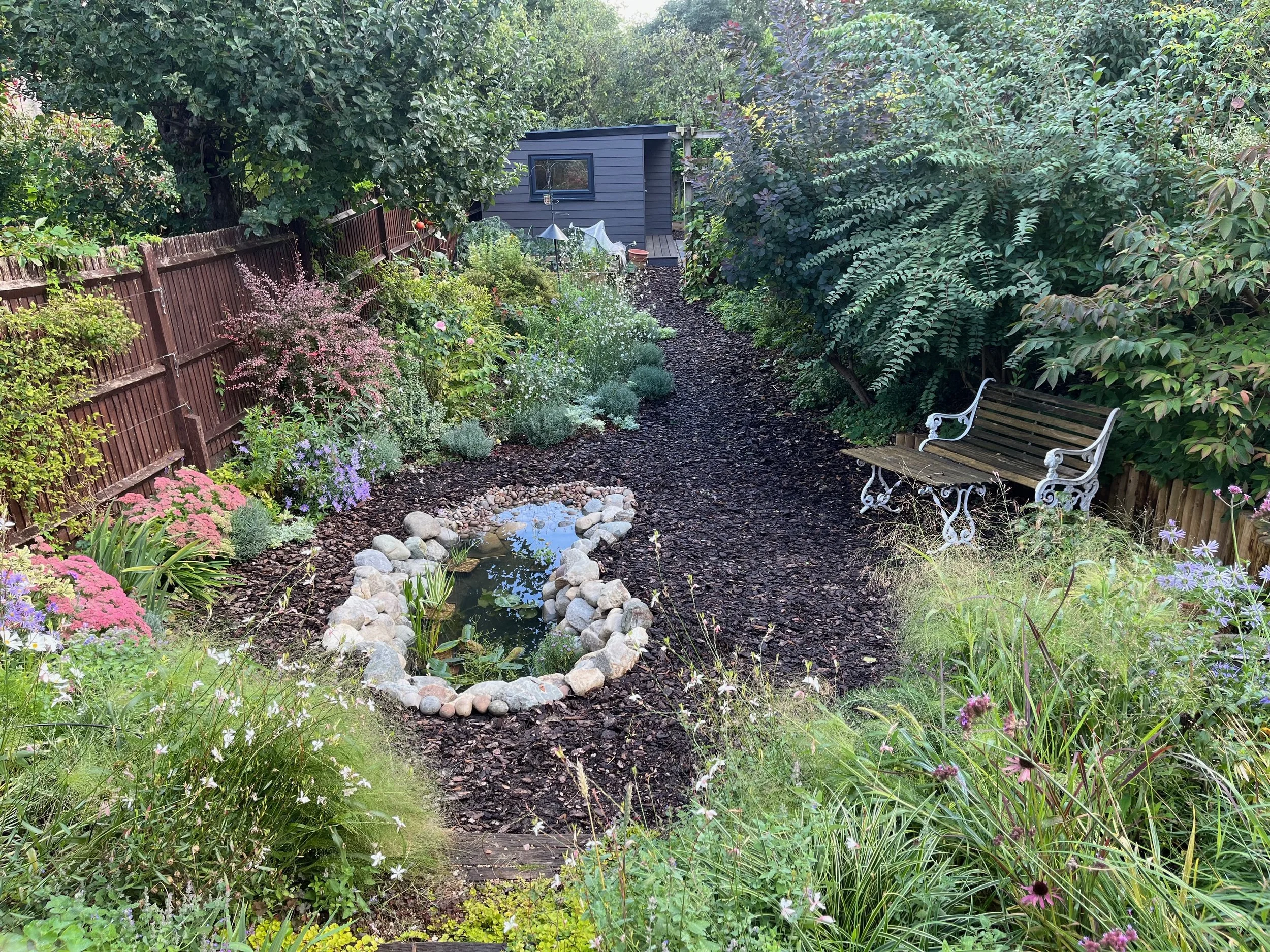 A garden with a variety of green leafy plants and colorful flowers along a dirt pathway. A small pond edged with rocks is visible in the foreground. A white bench is on the right side, and a blue shed is in the background surrounded by more greenery.