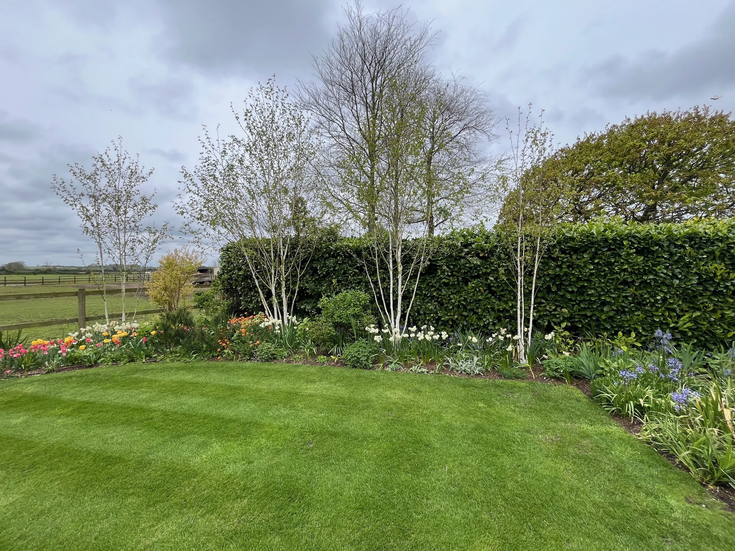 Well-maintained garden with green grass, colorful flowers, and several trees, some with leaves and some without, under a cloudy sky.