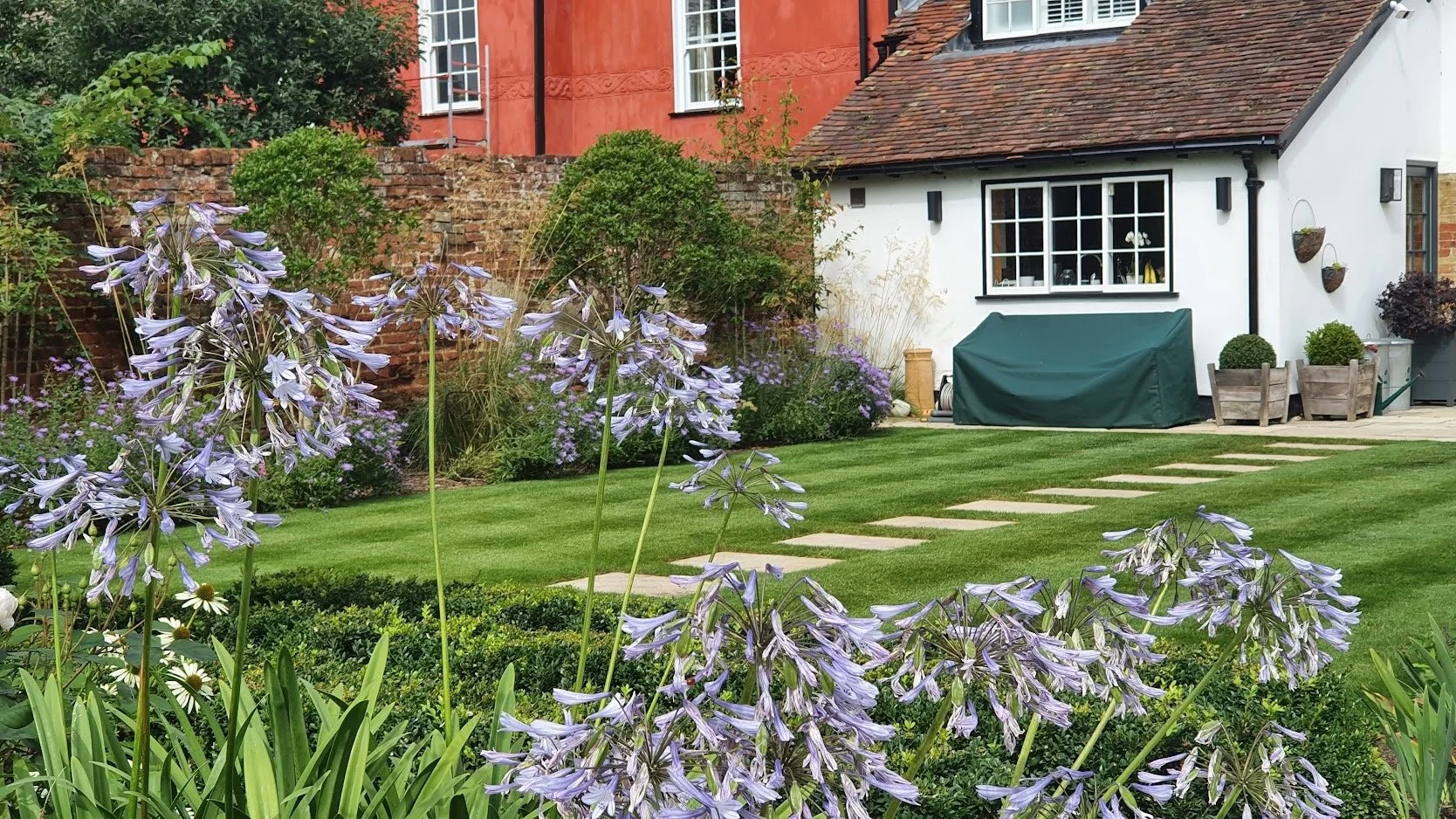 A well-maintained backyard garden with purple flowers, a lawn with stepping stones, and a small white house with a red roof and black window trim.