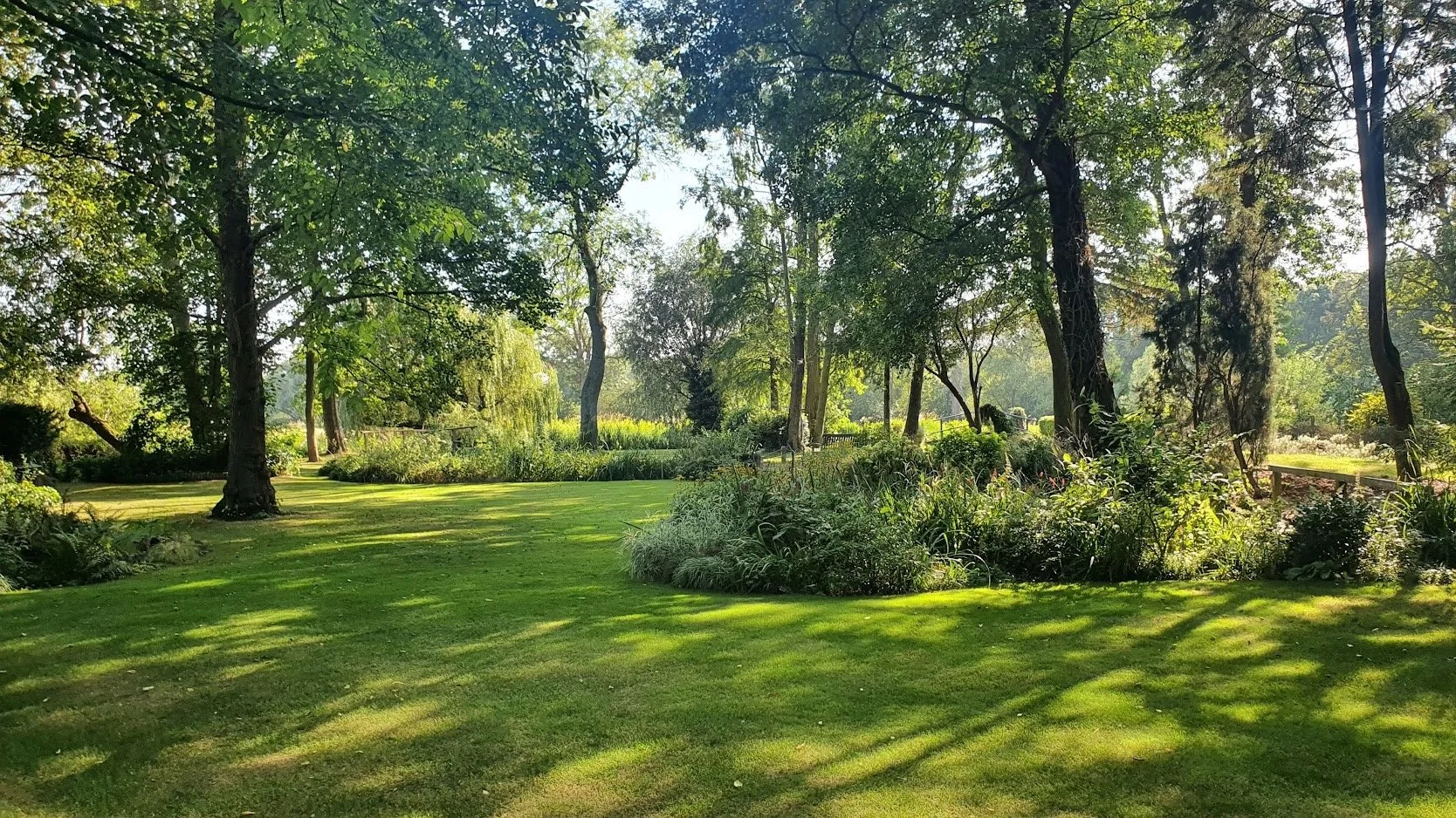 A lush green park with well-maintained grass, tall trees providing shade, and various bushes and plants. Sunlight filters through the trees, creating dappled shadows on the ground.