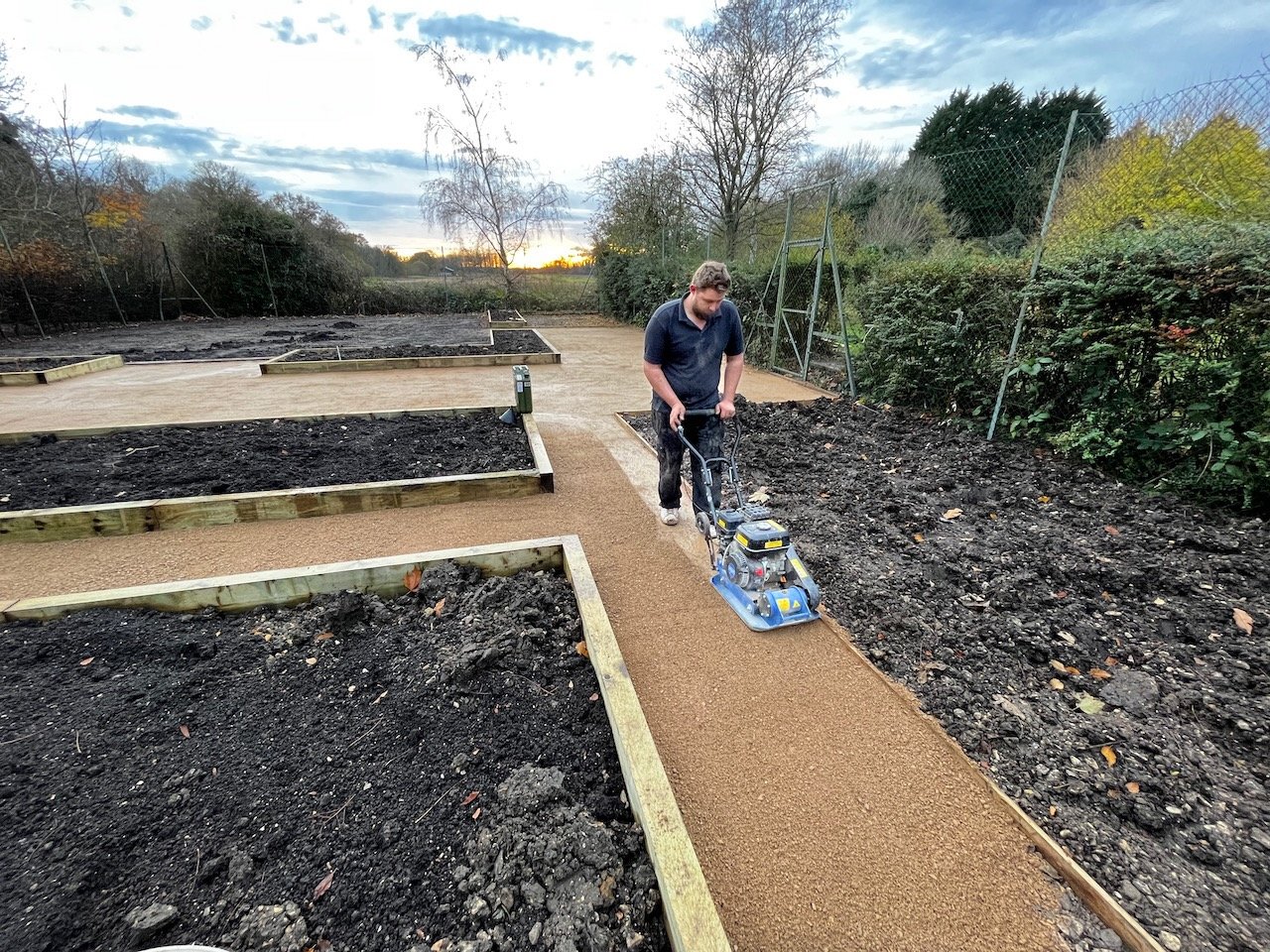 A man is leveling a newly laid gravel pathway with a plate compactor on a construction site, with garden beds and a fence in the background during sunset.
