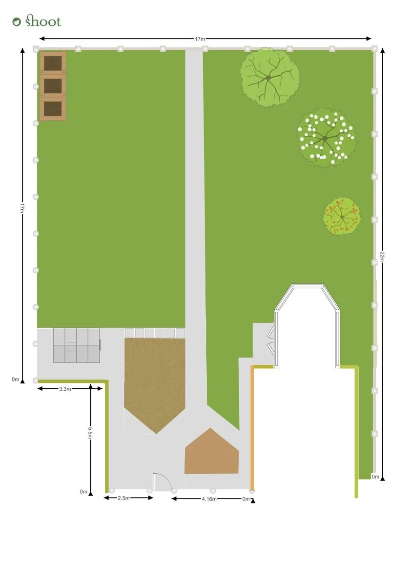 A site plan plan of a back garden with measurements for garden design Cambridge, including a grassy area, trees, a shed, a patio, and pathways.