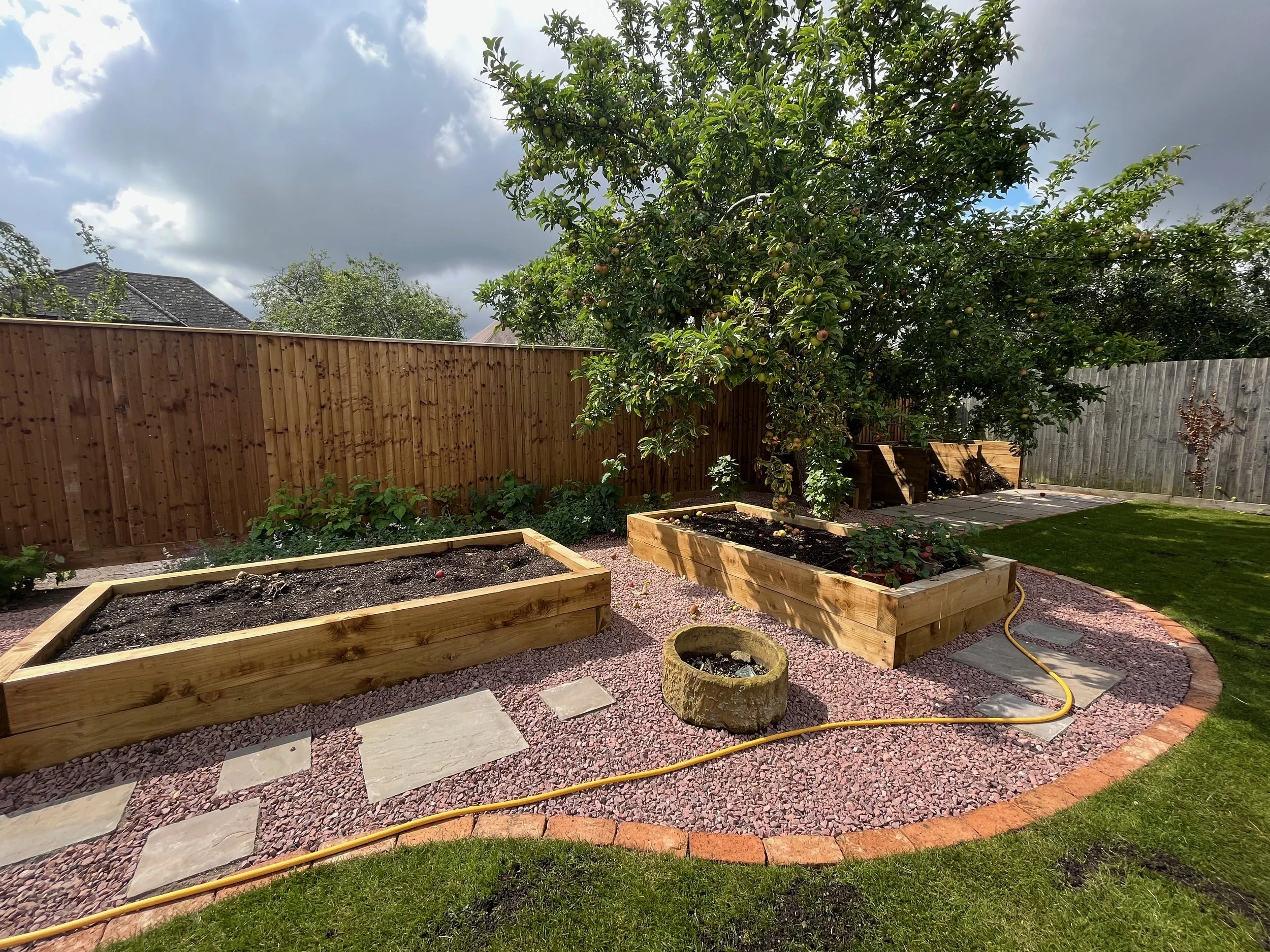 A back garden with raised vegetable beds, a large apple tree, a wooden fence, paving stones, gravel and newly laid turf