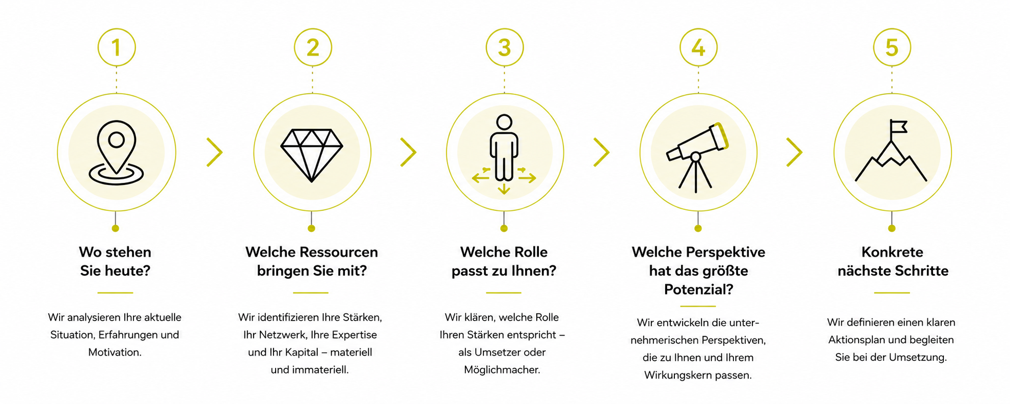 Infografik mit fünf Schritten zur Analyse und Planung, inklusive Symbolen für Standort, Ressource, Rolle, Perspektive und nächste Schritte. Unter den Symbolen sind kurze Beschreibungen und Erklärungen auf Deutsch.