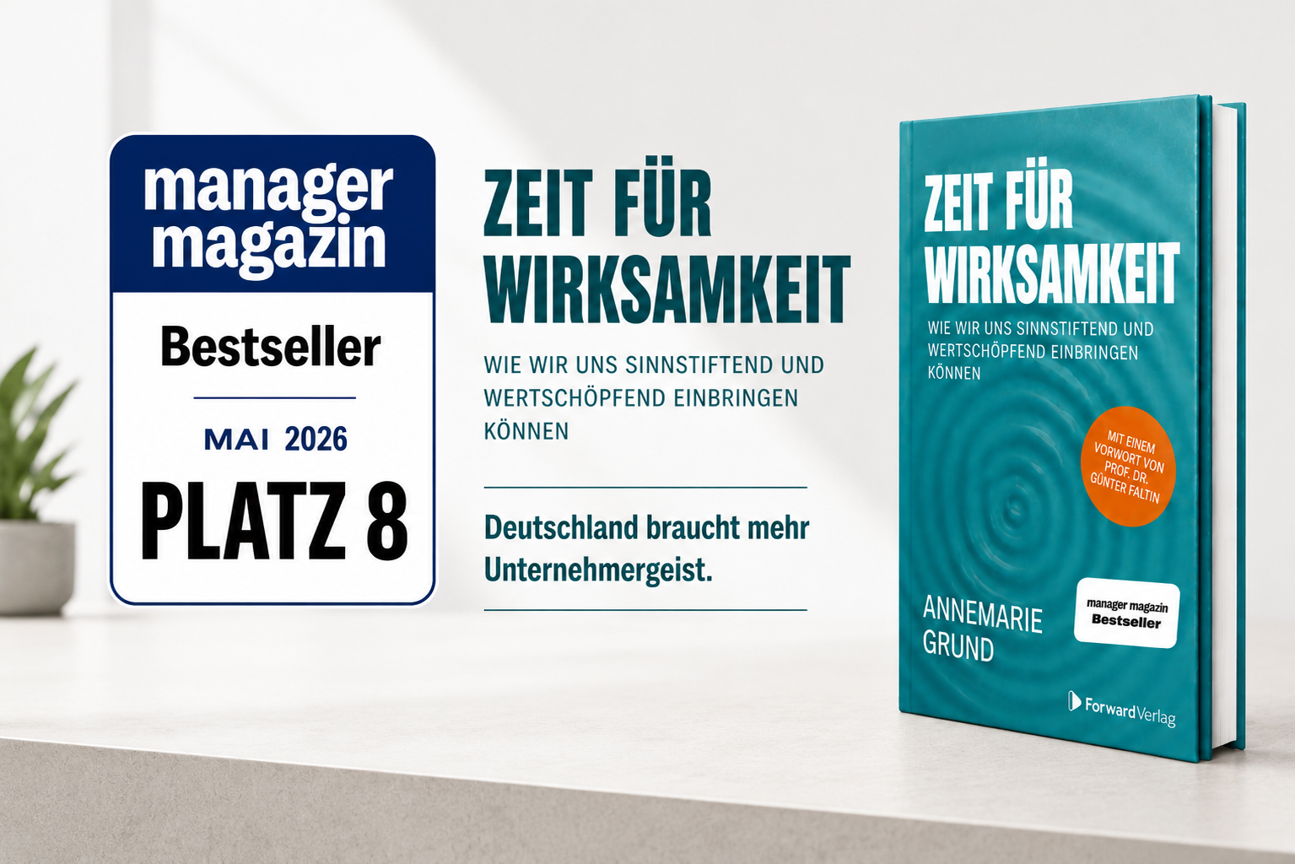 Buchcover mit Titel 'Zeit für Wirksamkeit' und Autorenname Annemarie Grund, grün-blaues Design, auf der rechten Seite eines weißen Tisches mit Pflanzen im Hintergrund.