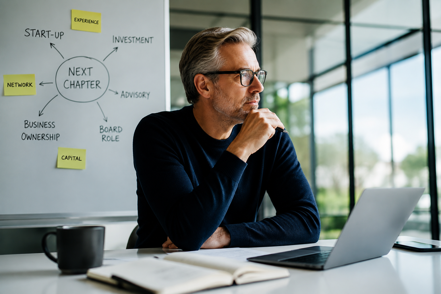 Ein nachdenklicher Mann mit grauem Haar und Brille sitzt an einem Schreibtisch mit einem Laptop, auf einem Whiteboard im Hintergrund steht ein Diagramm mit dem Titel 'Next Chapter' und mehreren Stichpunkten, darunter 'Start-up', 'Investment', 'Advisory' und 'Board Role'.