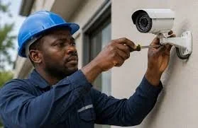Un technicien installe une caméra de surveillance extérieure