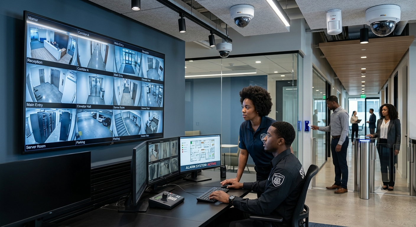 Un centre de surveillance avec plusieurs écrans montrant des images de caméras de sécurité dans différents endroits d'un bâtiment. Deux agents de sécurité travaillent à un bureau, l'un utilisant un ordinateur. D'autres personnes attendent à la porte d'entrée dans une zone d'accueil moderne.